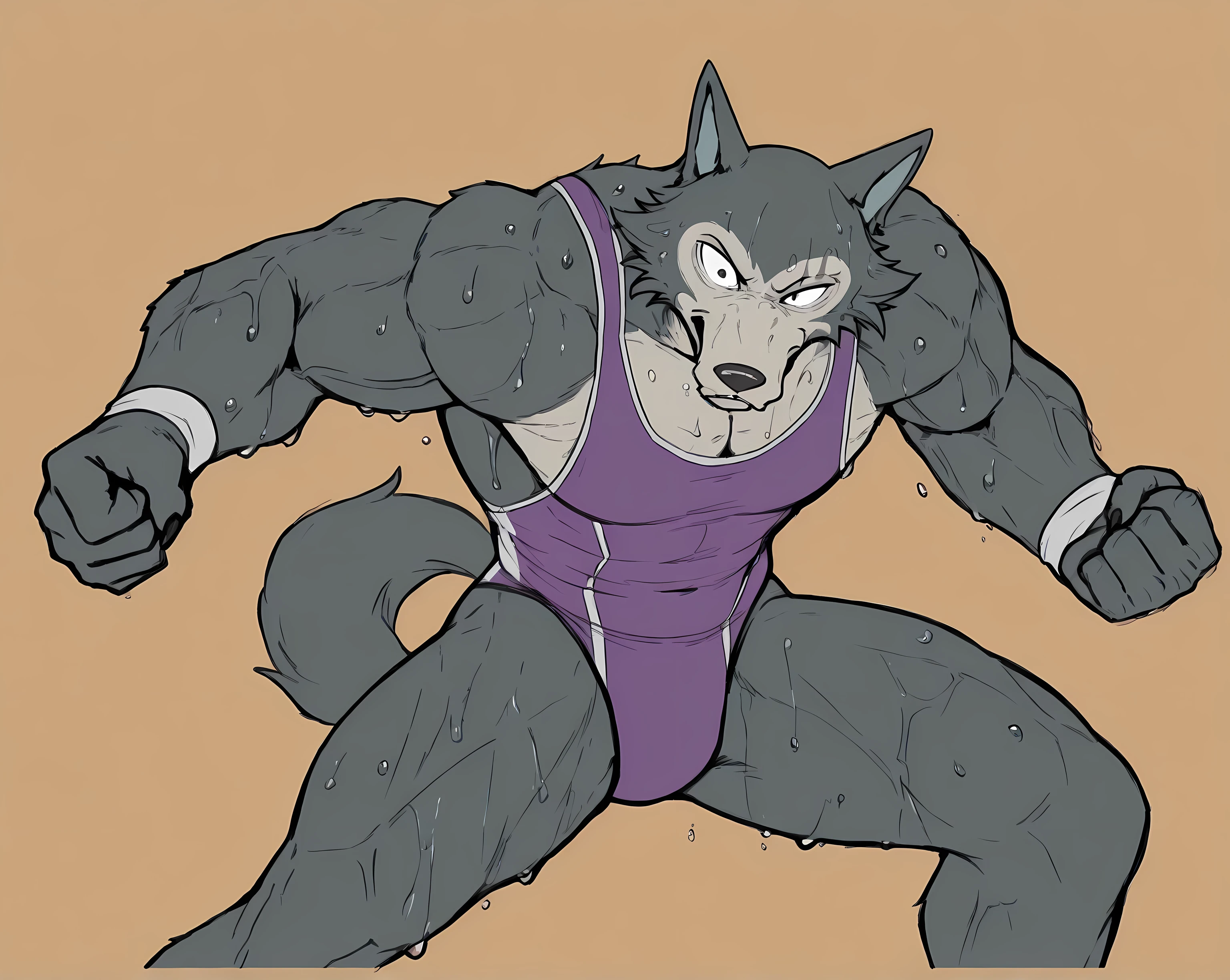 l3gosh1, beastars, male, solo, wolf, muscular, athletic, masculine, (small eyes), flat color, wrestling_singlet, simple background, sweaty body, veiny arms, (wrestling stance, dynamic pose), black outline