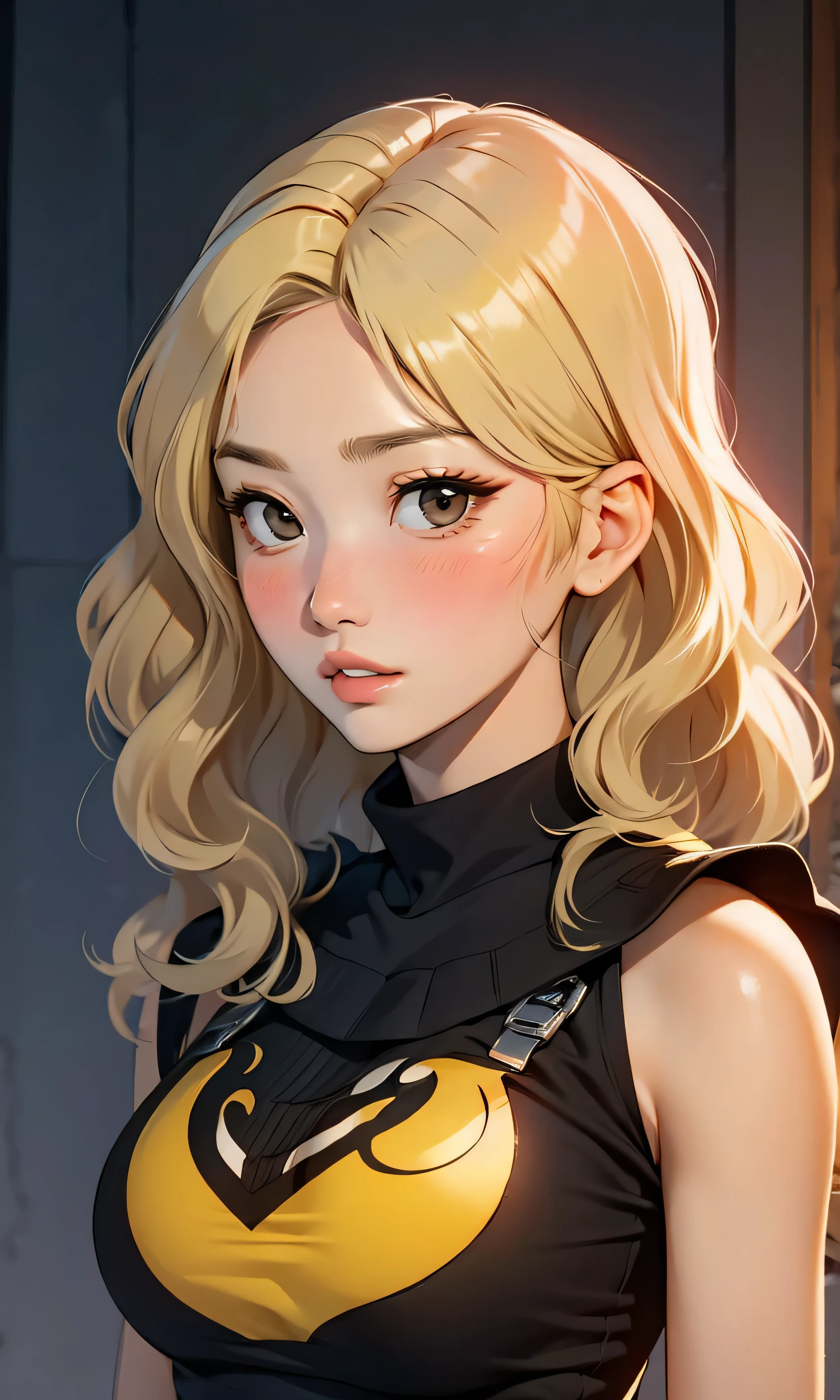  masterpiece ,  high detail, Species,  a beautiful girl ,  Korean, thin and tall, short blonde hair,  wavy hair ,  black eyes ,  round eyes, yellow top, short negro, he would be, blush,  medium black, head on