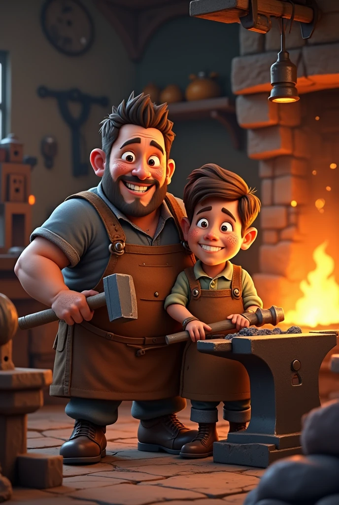A scene in an old blacksmith&#39;s workshop. In the middle, a robust and focused boy, dressed in work clothes and a leather apron, He is hitting an anvil with a big hammer. The anvil glows with the heat of the forge. At the bottom, on one side of the scene, A curious girl appears, dressed in simple clothes, watching with interest and admiration the blacksmith&#39;s work. The light from the forge gently illuminates the faces of both, creating a warm and dynamic atmosphere in the workshop.