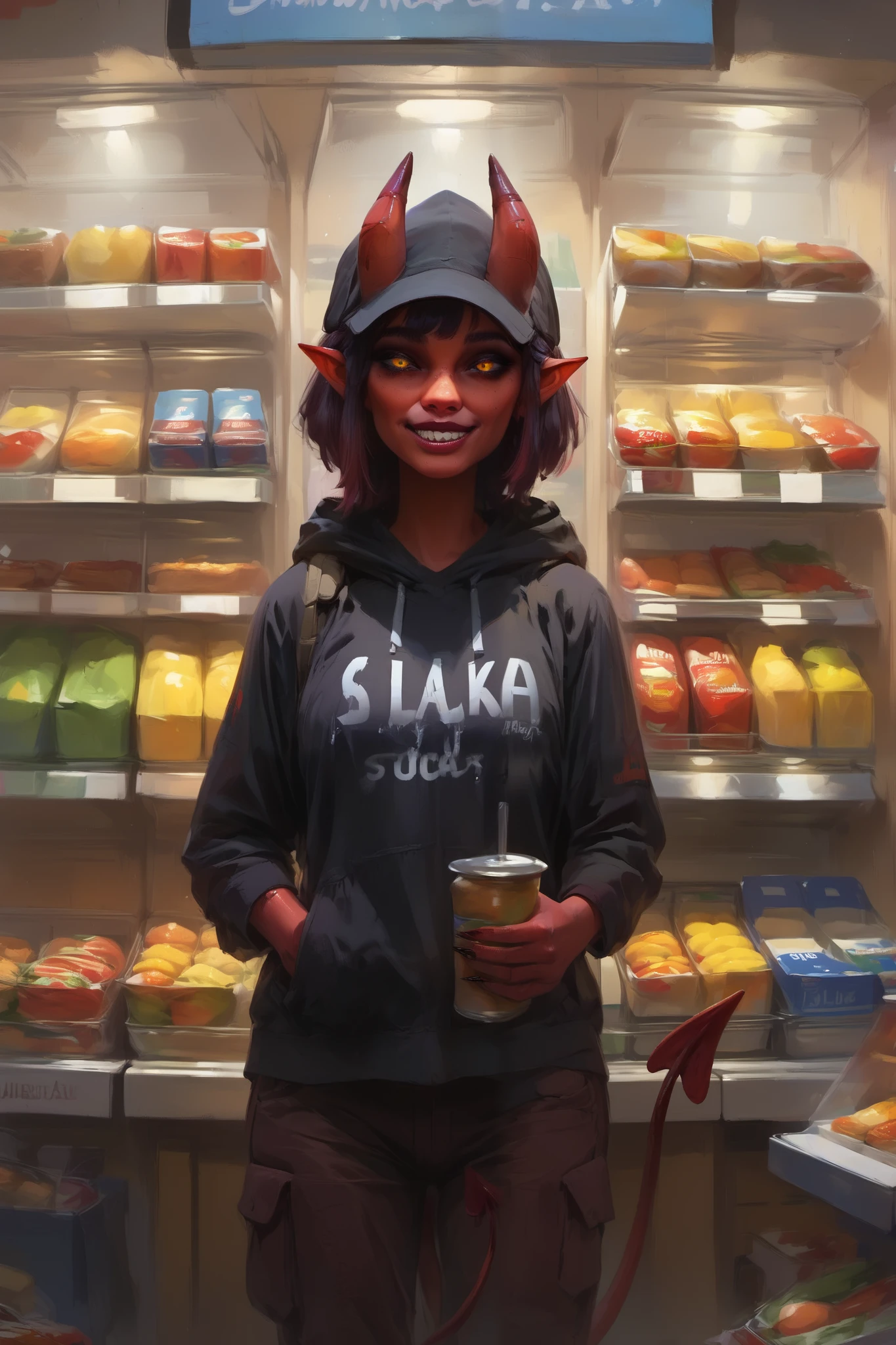 score_9, score_8_up, score_7_up, score_6_up, score_5_up, score_4_up, digital art, supermarket, BREAK
meru, 1girl, solo, black hoodie, cargo pants, clothes writing, inverted bob, medium hair, looking at viewer, facing away red tail, demon tail, smile, holding