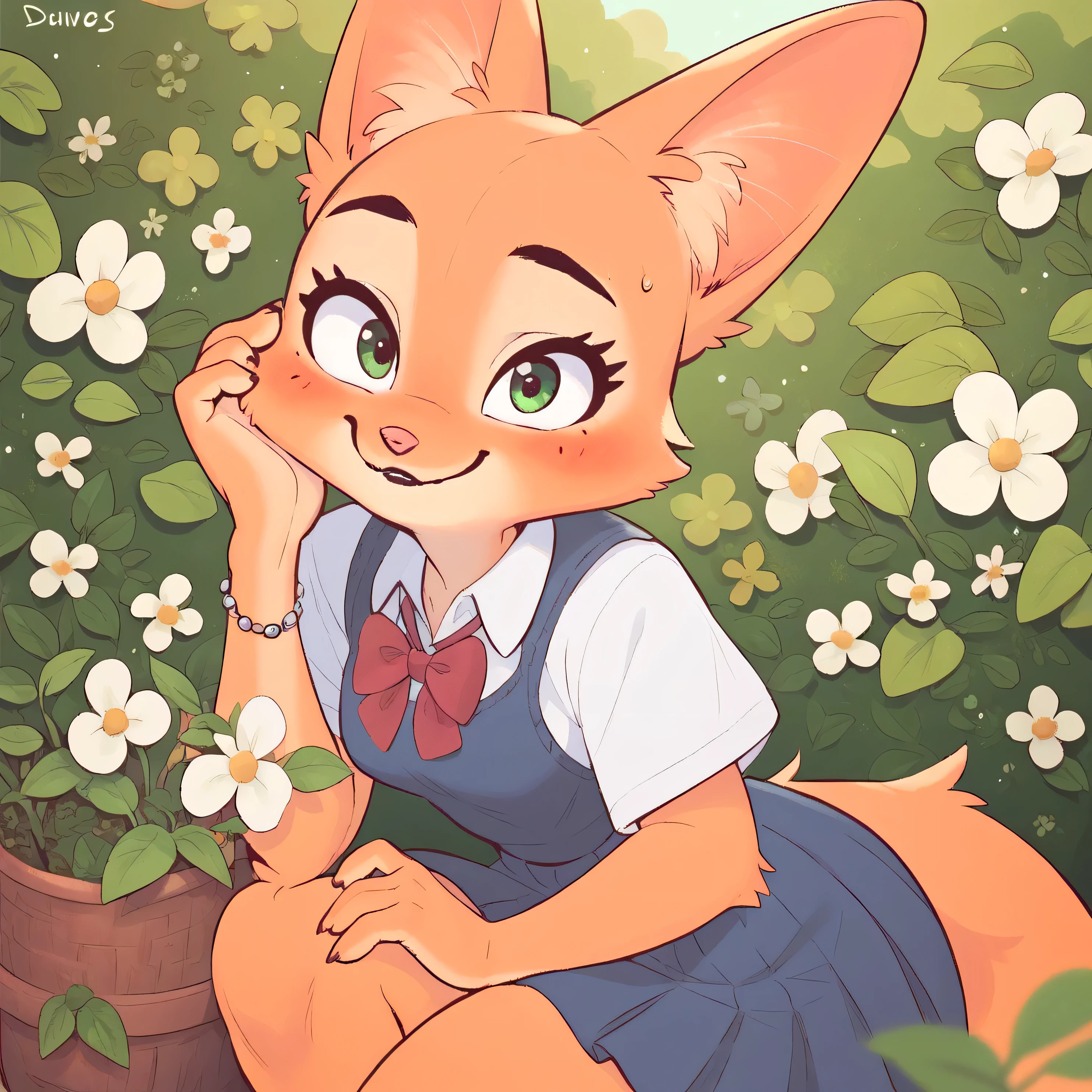 Diane Foxington, , , ginger skin, emerald eyes, school uniform , blush, look at the spectator , Smiles, Interiors, alone, by diives