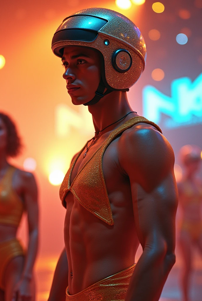 Distant view, auction hall, photo realistic, 35mm films, ultrares, 4k, gay, bara, NSFW, 2man,Ultraman Taro, a slave up for auction, alien, science fiction, futuristic design, Ultraman Taro walks with his head down on a large spotlit stage,sad look,tall skinny body but has little muscle,naked only wearing a damaged helmet, body is pale skin, long limbs,handcuffs,body the same skin color as humans, naked only in a bulging pair of white underwear, hairy and skinny 35 year-old body, old scars all over his body, damaged helmet, sadly hanging his head, thick iron collar around his neck, thick chains connected to the collar stretching long behind his back, a large lizard-like alien leading him by the hand, many furry aliens in the audience