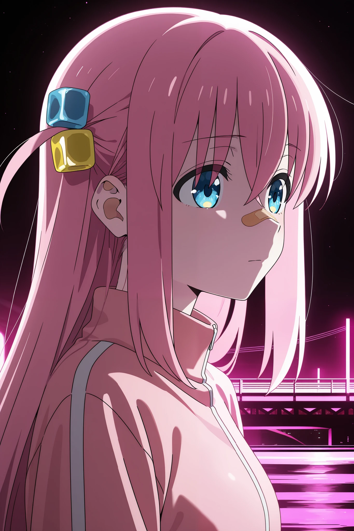 masterpiece, best quality, amazing quality, 1girl, gotoh hitori, bocchi the rock!, from side, depressed, expressionless, :|, bandaid on nose, looking to the side, pink light, ambient studio lighting, cyberpunk bridge, bridge background, shiny skin, (anime screencap:1.2)