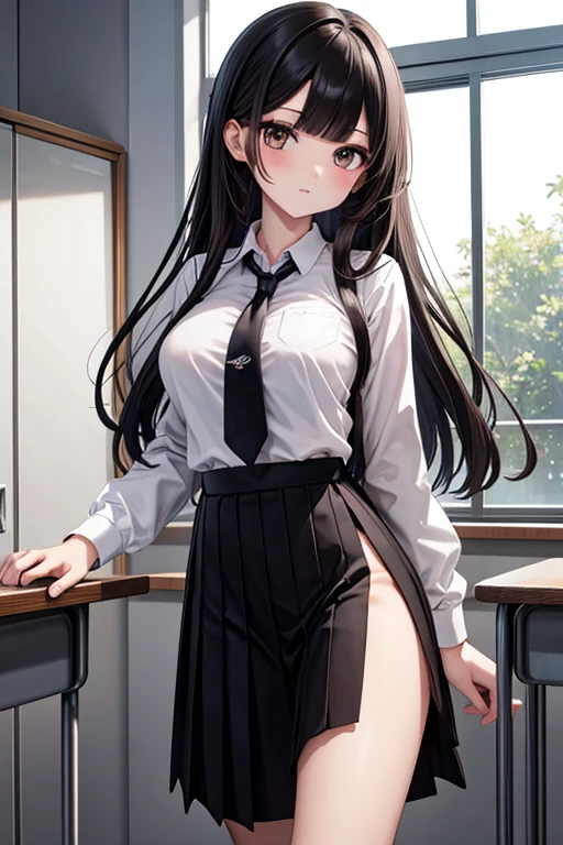 masterpiece, best quality, high resolution, high-resolution, library,one girl, solo, angle from below, skirt, shirt, blue eyes, light shirt, unbuttoned, fluffy breasts, cleavage,protruding, hard, gray hair, pleated skirt, socks, black skirt, long hair, long sleeve, bangs, black socks, pubic hair, pubic hair visible, dress shirt, smile, proud expression, light eyes, sweaty, soaked, sheer , Light clothing, Skirt blowing in the wind, Lifting skirt, crotch line, hip line, white underwear, panty shot, beautiful leg line, drops flowing down the legs, lower body soaked, wet hips, excessive crotch water droplets, three-dimensional feeling of body parts, exposed underwear, realistic skin texture, focus on the feet, kneeling, finger shifting panty position, lighting from below, Bitten panties