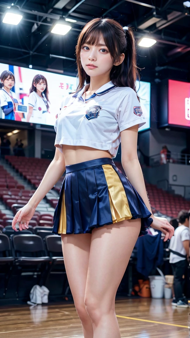 ((Highest quality、8k、Like the picture:1.4、masterpiece))、Backlight、Woman with highly detailed facial texture、 Big Breasts, Accentuate your cleavage, Cute Japanese Woman、18-year-old、(((Cheerleader:1.2)))、((Stadium Background:1.2))、Raise your arms、((Camera angle from below:1.3))、Ultra-detailed skin、Beautiful Makeup、Detailed eyes、((Big smile:1.3))、Open your mouth、(Big and round breasts)Shiny brown messy short hairstyle、Sculptural installation、((Raise both legs:1.3))、((Spread your legs:1.3)), ((Spreading pussy:1.2)),