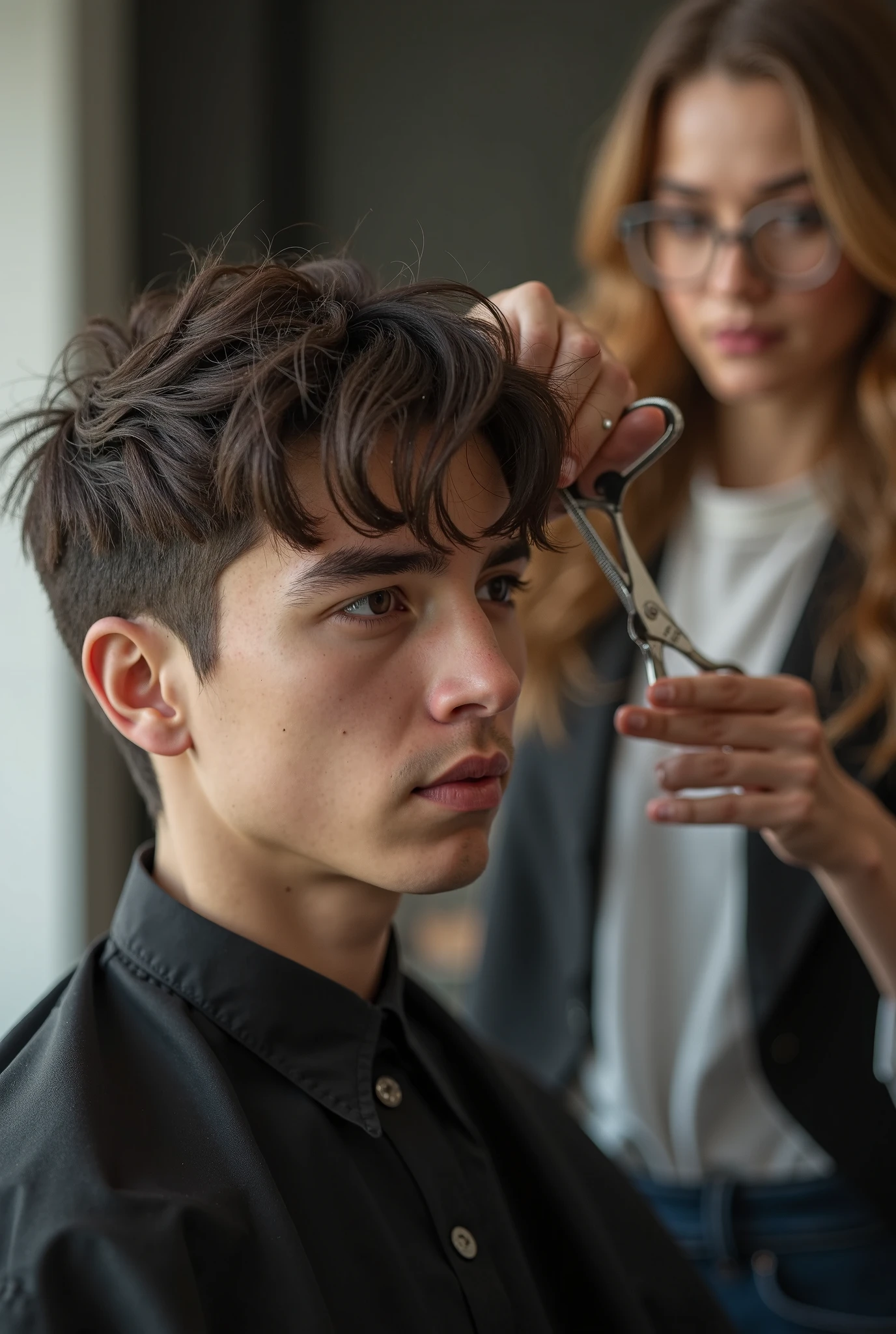 hyper realistic ,ultra detailed ,Very detailed scenes in 4K resolution asian men ,The 25 year old sat in the barber&#39;s chair with a disappointed expression.shaved the middle of his hair. A person who looked like Mr Bean next to him was holding scissors and had an exaggerated expression of surprise. The background shows a barbershop interior with brick walls and warm lighting, create a comfortable atmosphere. Exceptional clarity and detail.