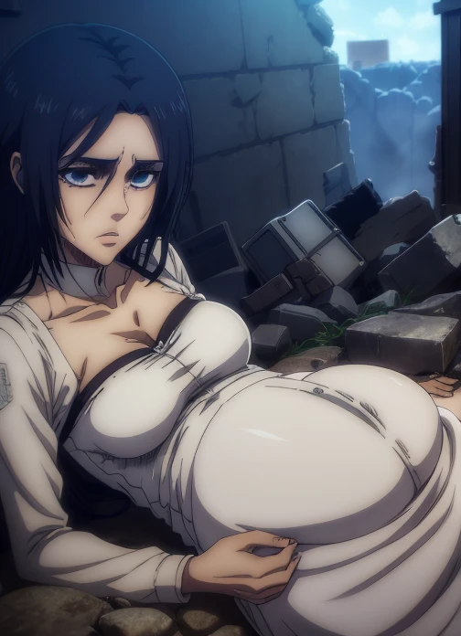 Imagen de anime de una mujer con un vestido blanco acostada en un campo, Mayuri Shiina desde Steins Gate, insanely inflated hips, Haibane Renmei, The anime girl is crouching, arrodillado!!, Espejos gigantes Fata Morgana, most strongest pose, Captura de pantalla de Guro Anime, yaoi, a-1 pictures