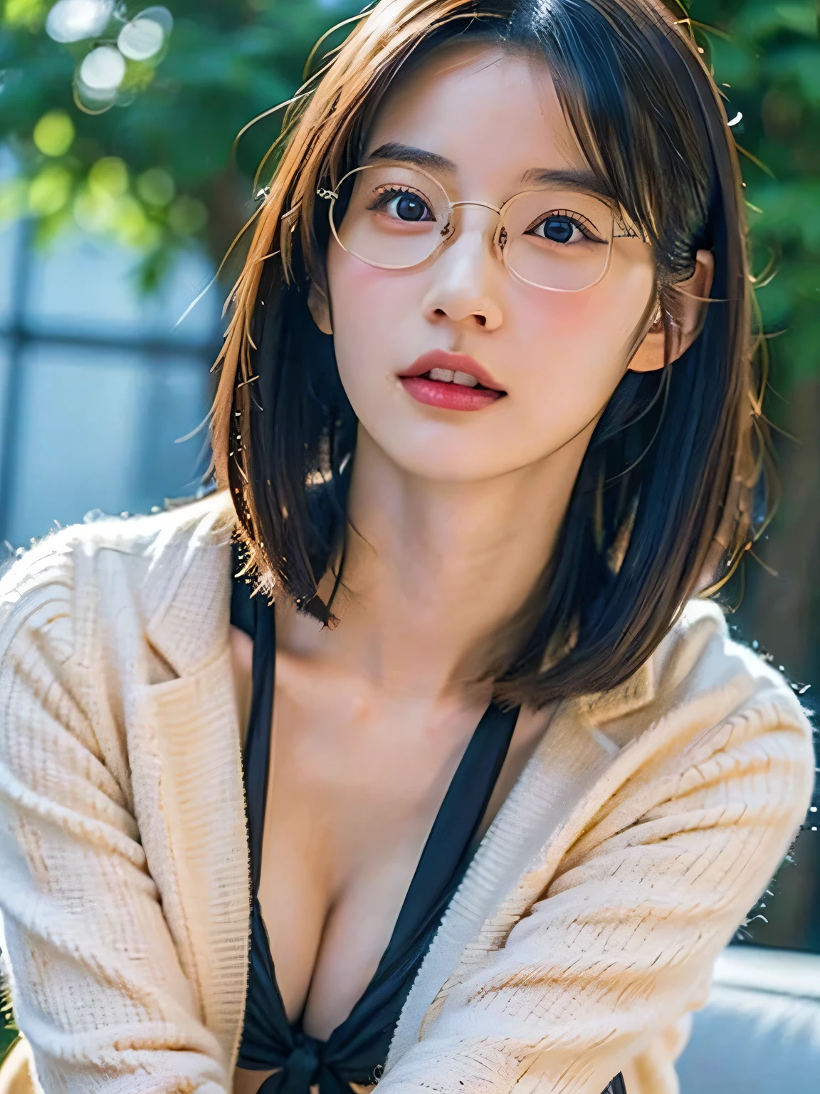 Short-haired young slim sensual beautiful 31-year-old office lady wearing jacket and tie, (spreading legs:1.3), ((wearing large round glasses)), showing cleavage, medium breasts, private press, inspired by Rena Nounen, Rena Nounen, Rena Nounen style, young glamourous idol, young pretty gravure idol, of a youthful japanese beauty, precisionism, neoclassicism, best quality, super detailed, masterpiece, 32K, (((Best Quality))), ((Ultra-detailed)), ((extremely delicate and beautiful))