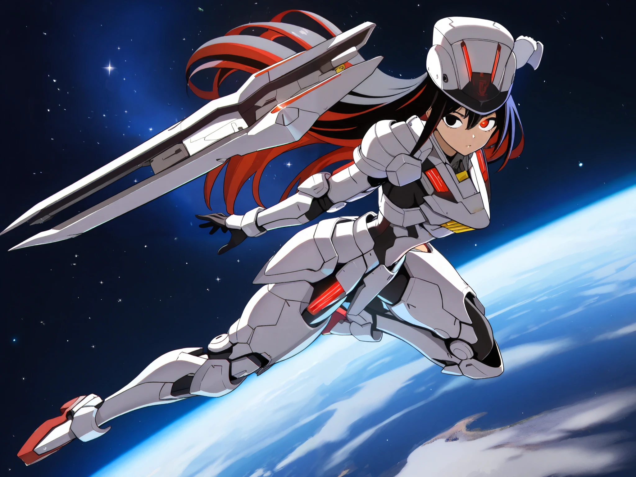 ( high definition , Very Detailed , Best Quality ,precise, masterpiece,Solo ),(1 woman, black hair,Long hair, Side Wipe Hair , highlights bright red hair ,Red-eyed Widow ,Dark black eyes,Floating in space,gundamaerial armor,hat, mobile kit ( is anatomically correct., Full Body ,, anime style )