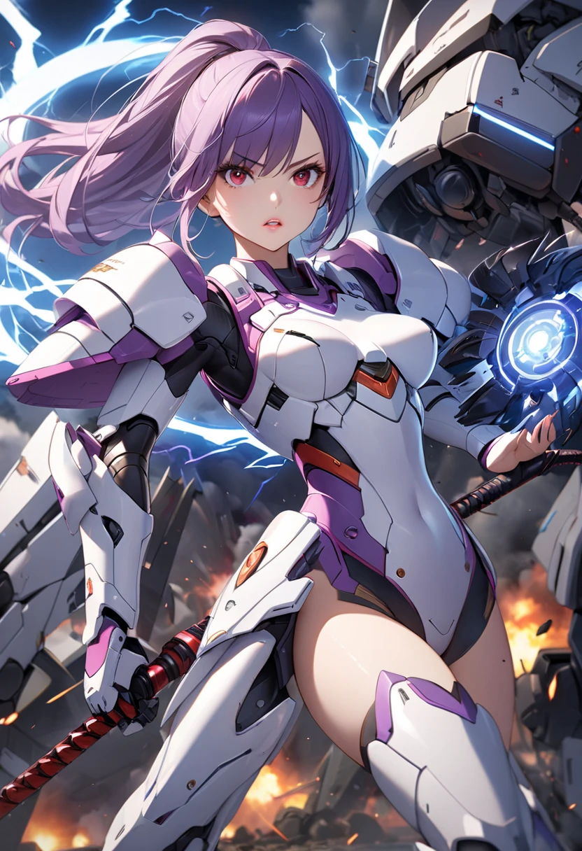 (masterpiece, best quality:1.5), (ultra detailed, high resolution, 8k, beautiful detailed, UHD, best anatomy), purple hair, medium breasts, mecha musume, Body made of machines, fighting formation, expressionless, An ominous place