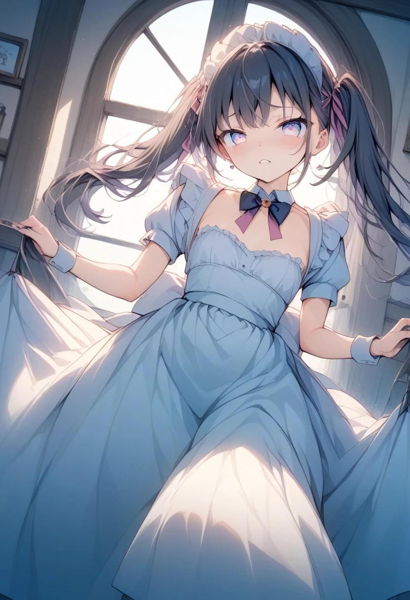 1girl with long hair and dress, 1 girl is taking to lavatory, looking away, standing, embarrassed, blush, Keep one's mouth shut, street (girl is peeing self:0.4) <lora:GoldenSide-v21-1-e32-T1_lora:1> <lora:haveToPeePose:1> <lora:shixiang:1.1>