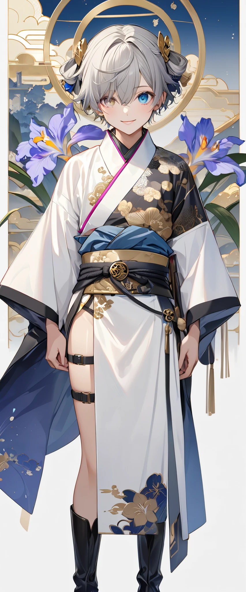 fresh illustration ,
Superfine painting,
very delicate illustration ,
Very fine details ,
1boy ,
( standing)
Alone,
Height: 158cm,
Beige Skin,
Cheeks are ruddy,
(The iris of the left eye is magenta and the iris of the right eye is light sky blue),
(Complete iris heterochromia ),
beautiful eyes,
large black pupils ,
Short short hair,
(Gray Hair),
only the base of the hair is light blue ,
The hair has gradation ,
shiny hair with makeup,
Young, beautiful, beautiful face ,
The lips are extremely small,
is smiling,
A small halo that shines brightly floats on the head ,
raised eyebrows ,
The upper body is wearing a kimono in kimono ,
six pack,
The lower body is long, transparent clothing in the style of a Chinese dress with slits at both hips,
The color of the belt is black ,
Overall white clothes ,
The belt has tasteful embroidery with gold thread ,
fine fabric clothing ,
Slim waist,
Thin legs,
jockstrap underwear ,
the thigh strap cuts into the skin ,
Are the tips of long boots Japanese style,
Isometric,
golden ratio,
god々 like atmosphere,
The undershirt is indigo-colored with a stand-up collar,
background is white,
tactical use of shadows ,
Head rings and hair fit in a frame ,
Clothes fit in a frame ,
facing the front,