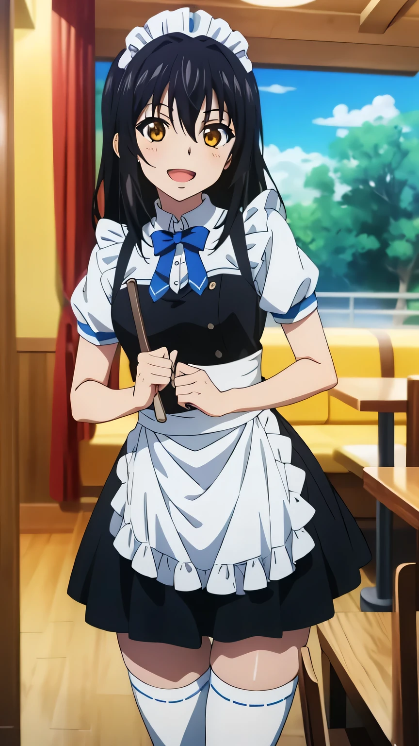 {{{masterpiece}}}, (best quality:1.5), (ultra-detailed:1.5), {illustration}, {{an extremely delicate and beautiful}}, (beautiful detailed eyes:1.6), absurdres, highres, extremely detailed face, 16k, hd, visual anime de uma jovem mulher, extremamente bonito rosto de anime, anime melhor garota, (perfect hands, perfect anatomy), anime face, Himeragi Yukina(Strike The Blood), 1girl, solo, cute face, medium hair, front hair, black hair, hair between eye, (yellow eyes:1.3), (High resolution eyes, Beautiful eyes, Light in the eyes), flushed cheeks, medium breasts, big hips, curvaceous, BREAK, maid attire, (black maid outfit:1.2), short sleeve, short skirt, white apron, headdress, white collar, (white thighhighs:1.3), black shoes, thighs, zettai ryouiki, BREAK, standing, open mouth, flushed cheeks, sorriso alegre, smiling, open mouth, visual anime de uma jovem mulher, extremamente bonito rosto de anime, anime melhor garota, indoor, daytime, Cafe, (cowboy shot:1.5), (bust shot:1.3)
