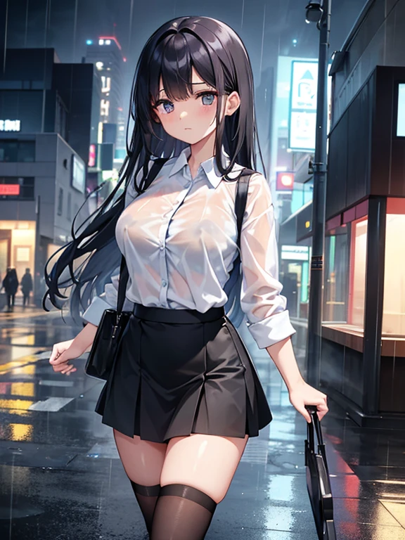 (1) A woman is walking in the rain, My cut shirt is wet and my light blue bra is visible..
(2) The woman is wearing a white cutter shirt, black skirt and black high socks.
(3) that woman has long black hair.
(4) The woman looks worried.
(5) The location is outdoors in an office district at night..
