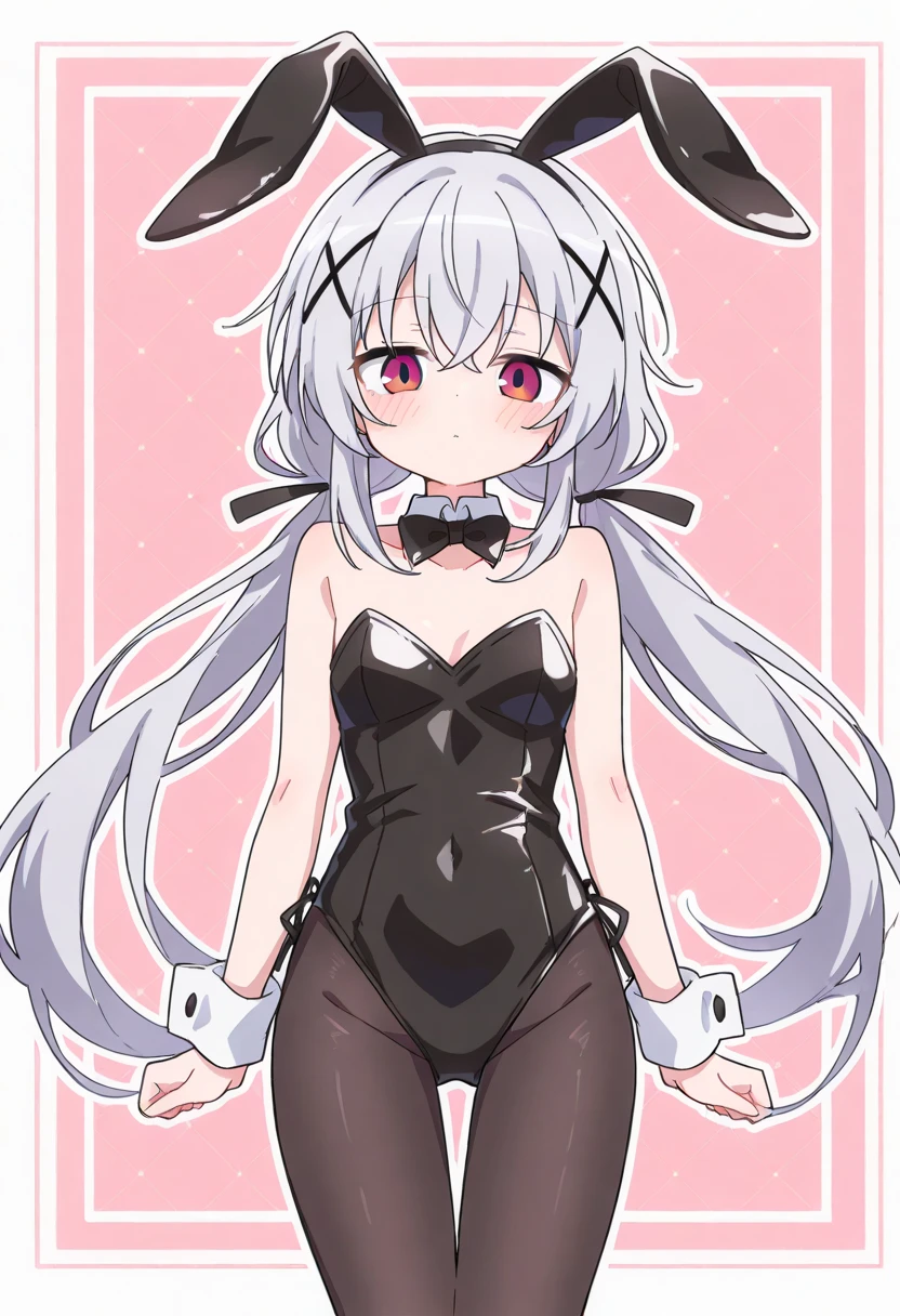 slender, mature female, breasts, 1girl, bunny_ears, leotard, long_hair, animal_ears, bare_shoulders, solo, garter_straps, gloves, black_gloves, rating:safe, large_breasts, thighhighs, cleavage, purple_eyes, jewelry, mole, earrings, very_long_hair, bunnysuit, looking_at_viewer, mole_on_breast, smile, black_legwear, detached_collar, black_leotard, highleg, highleg_leotard, strapless, hair_ornament, strapless_leotard, thighs, mole_under_eye, silver_hair, hairband, between_breasts, covered_navel, fake_animal_ears, ass_visible_through_thighs, thigh_gap, moon, blush, off_shoulder, cowboy_shot, groin, elbow_gloves, skindentation, closed_mouth, tail, standing, flower, bangs, black_neckwear, hair_flower, eyebrows_visible_through_hair, brown_legwear, collarbone, symbol-shaped_pupils, garter_belt