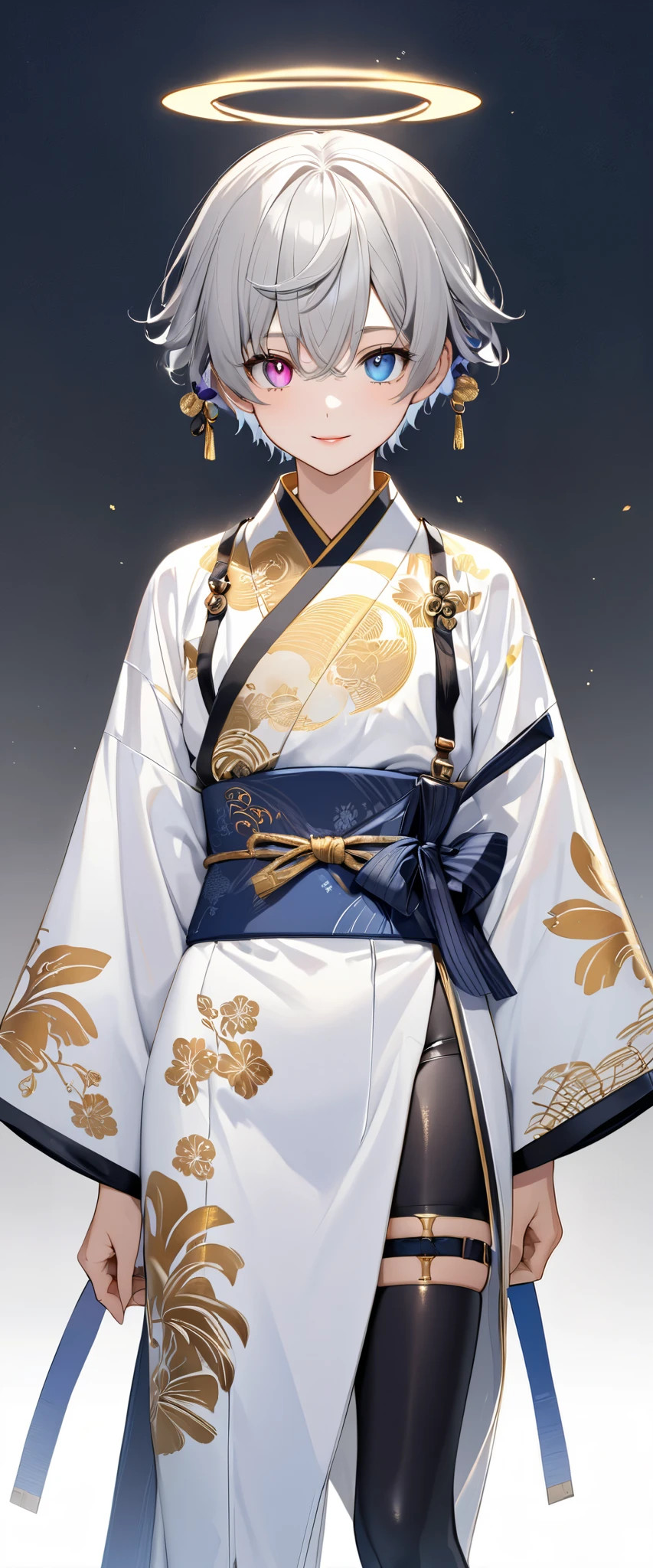  fresh illustration ,
Superfine painting,
 very delicate illustration ,
 Very fine details ,
1boy ,
( standing)
Alone,
Height: 158cm,
Beige Skin,
Cheeks are ruddy,
(The iris of the left eye is magenta and the iris of the right eye is light sky blue),
(Complete iris heterochromia ),
 beautiful eyes,
 large black pupils ,
Short short hair,
(Gray Hair),
 only the base of the hair is light blue ,
 The hair has gradation ,
 shiny hair with makeup,
Young, beautiful, beautiful face ,
The lips are extremely small,
 is smiling,
 A small halo that shines brightly floats on the head ,
 raised eyebrows ,
 The upper body is wearing a kimono in kimono ,
 six pack,
 The lower body is long, transparent clothing in the style of a Chinese dress with slits at both hips,
The color of the belt is black ,
Overall white clothes ,
 The belt has tasteful embroidery with gold thread ,
 fine fabric clothing ,
 Slim waist,
Thin legs,
 jockstrap underwear ,
 the thigh strap cuts into the skin ,
Are the tips of long boots Japanese style,
Isometric,
 golden ratio,
god々 like atmosphere,
 The undershirt is indigo-colored with a stand-up collar,
 background is white,
 tactical use of shadows ,
Head rings and hair fit in a frame ,
Clothes fit in a frame ,
 facing the front,