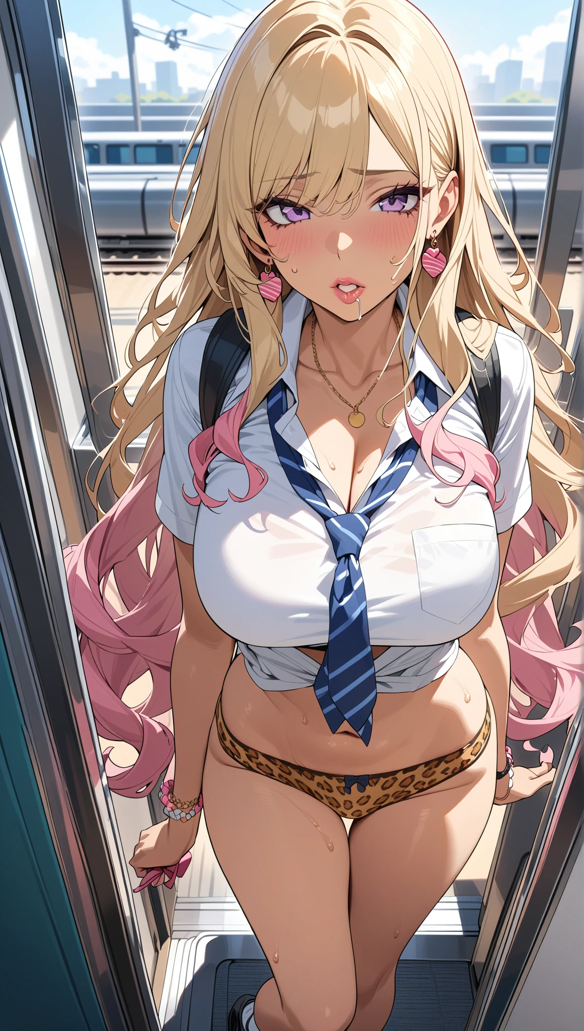 score_9, score_8_up, score_7_up, source_anime, 1girl, solo,
astrn_V1, blonde hair, long hair, wavy hair, hair between eyes, purple eyes, pink hair ribbon, bow hairband,
mature female, dark-skinned female, gyaru,
white shirt, off-shoulders shirt, long sleeves, bra strap, midriff, collarbone, bare shoulders,
denim shorts, short shorts, panty straps,
standing, arms behind back, leaning forward, head tilt, seductive smile, parted lips,
cowboy shot, looking at viewer,
ultra-detailed eyes,
train interior,