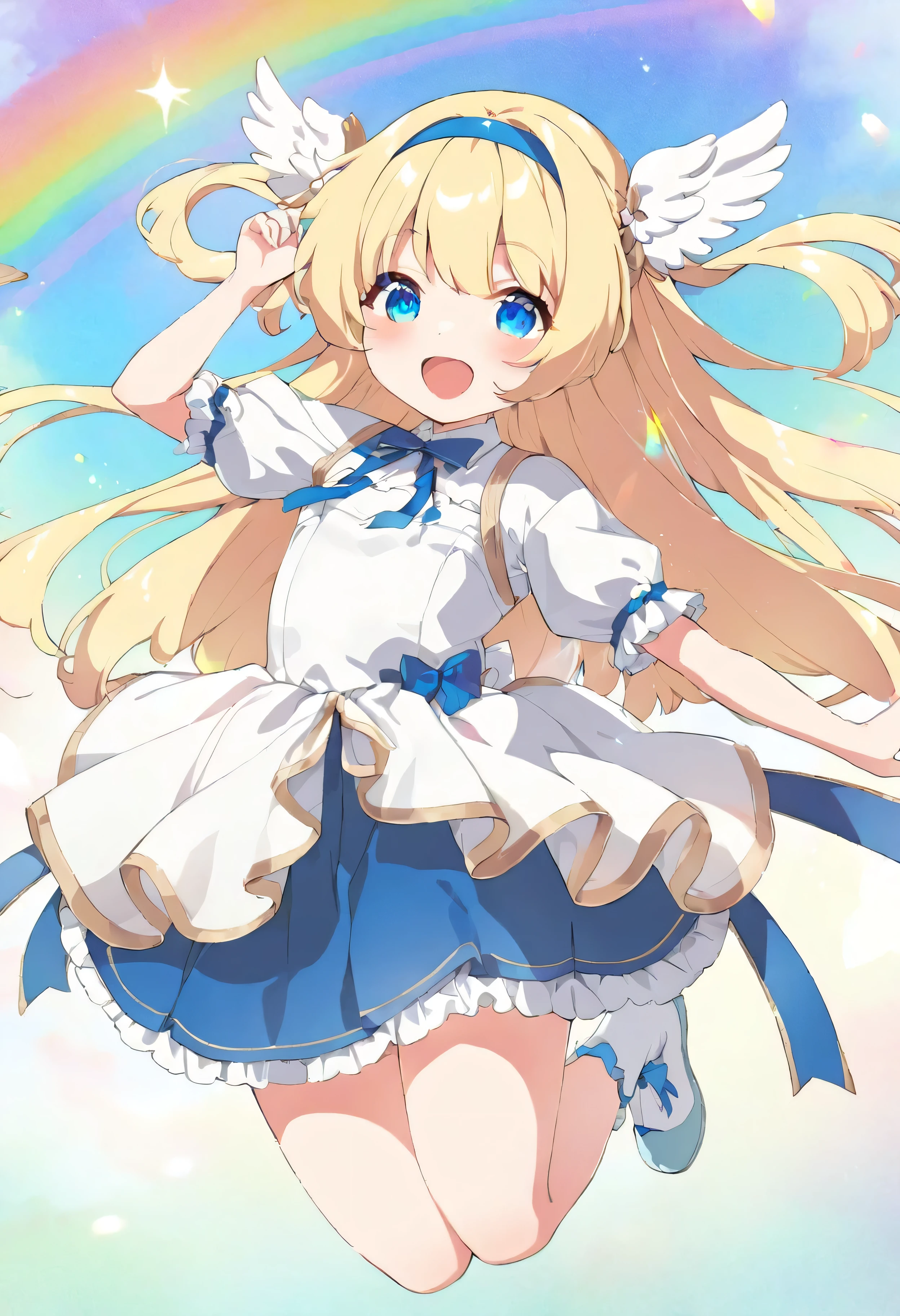 nsfw, (top-quality、masterpiece:1.2), (lovely), a angel girl, solo, in a short skirt and a white dress, large silver wings on your back , {beautiful Sapphire blue eyes :1.2}, small curvy loli, loli in dress, shining golden angel's ring above your head , blue hair band, blonde anime girl with long hair, visual novel sprite, girl, made with anime painter studio, anime stylized, floating in the sky, winking, open mouth, smiling, jumping, cowboy shot, full body, cute anime waifu in a nice dress, rainbow sky background, Many angel wings are dancing in the background , watercolor tone, Kyoto Animation Style