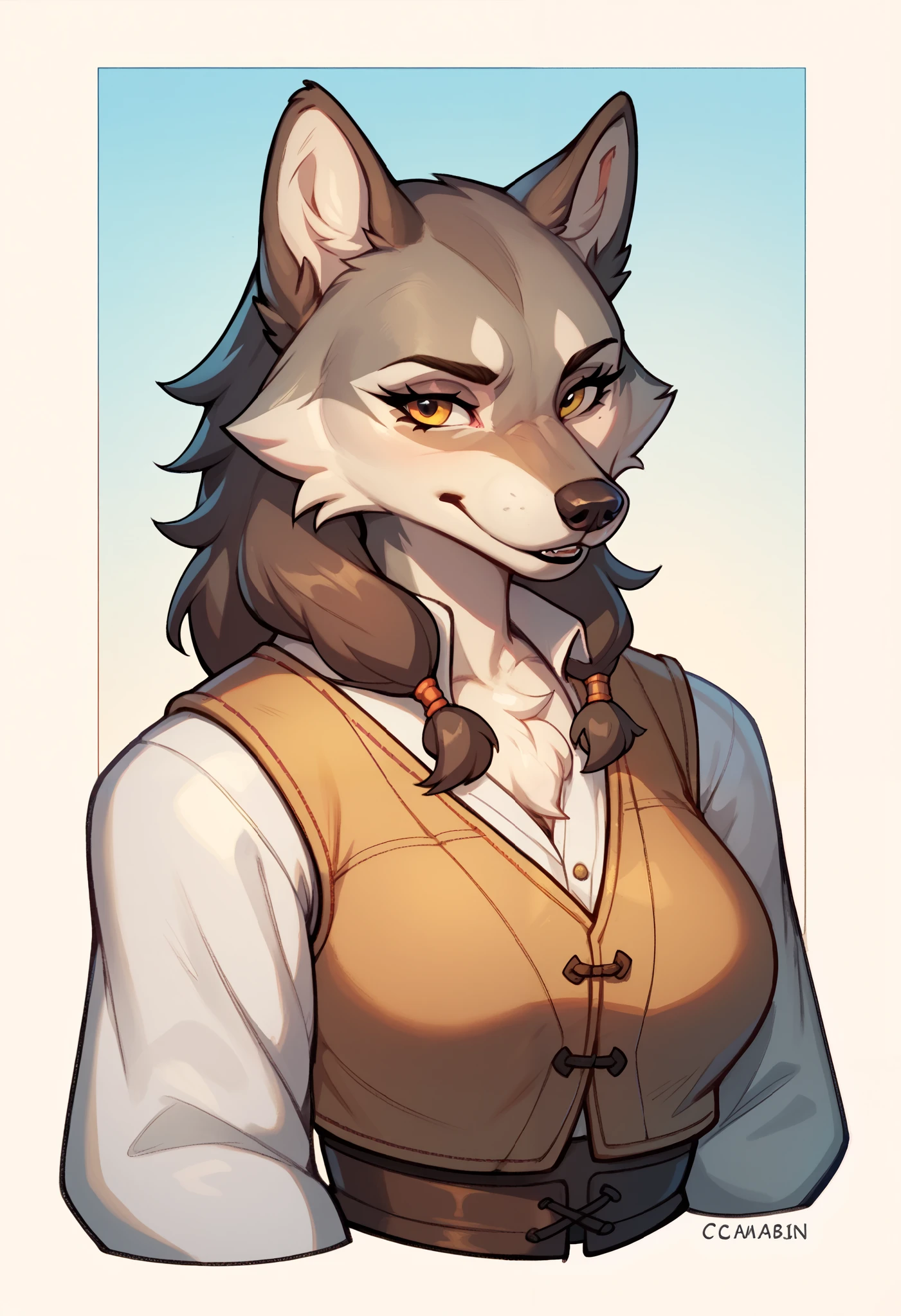 furry,самка wolf,wolf, girl,a monk,  light clothing ,  medieval vest, a monk
