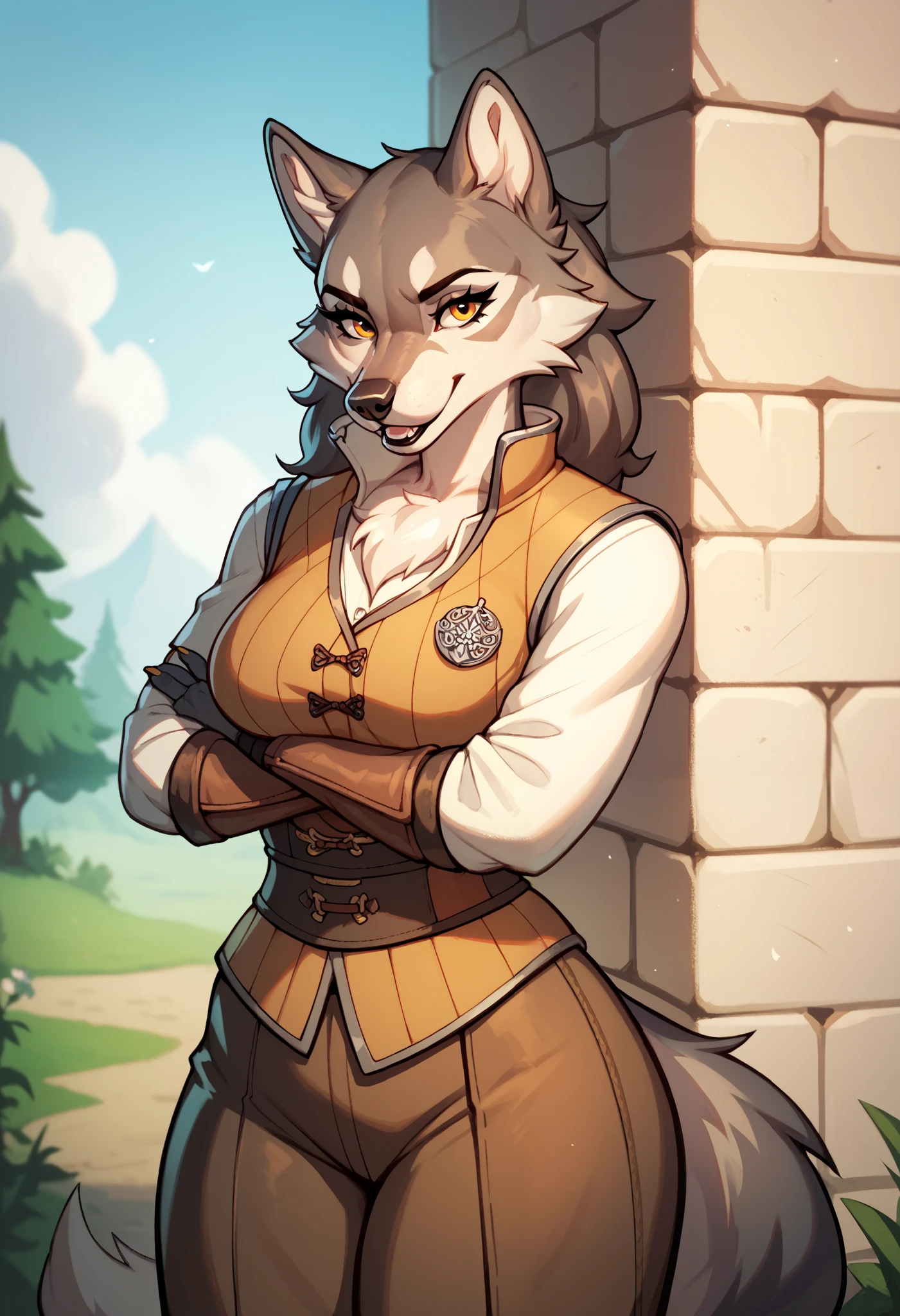 furry,самка wolf,wolf, girl,a monk, light clothing , medieval vest, a monk