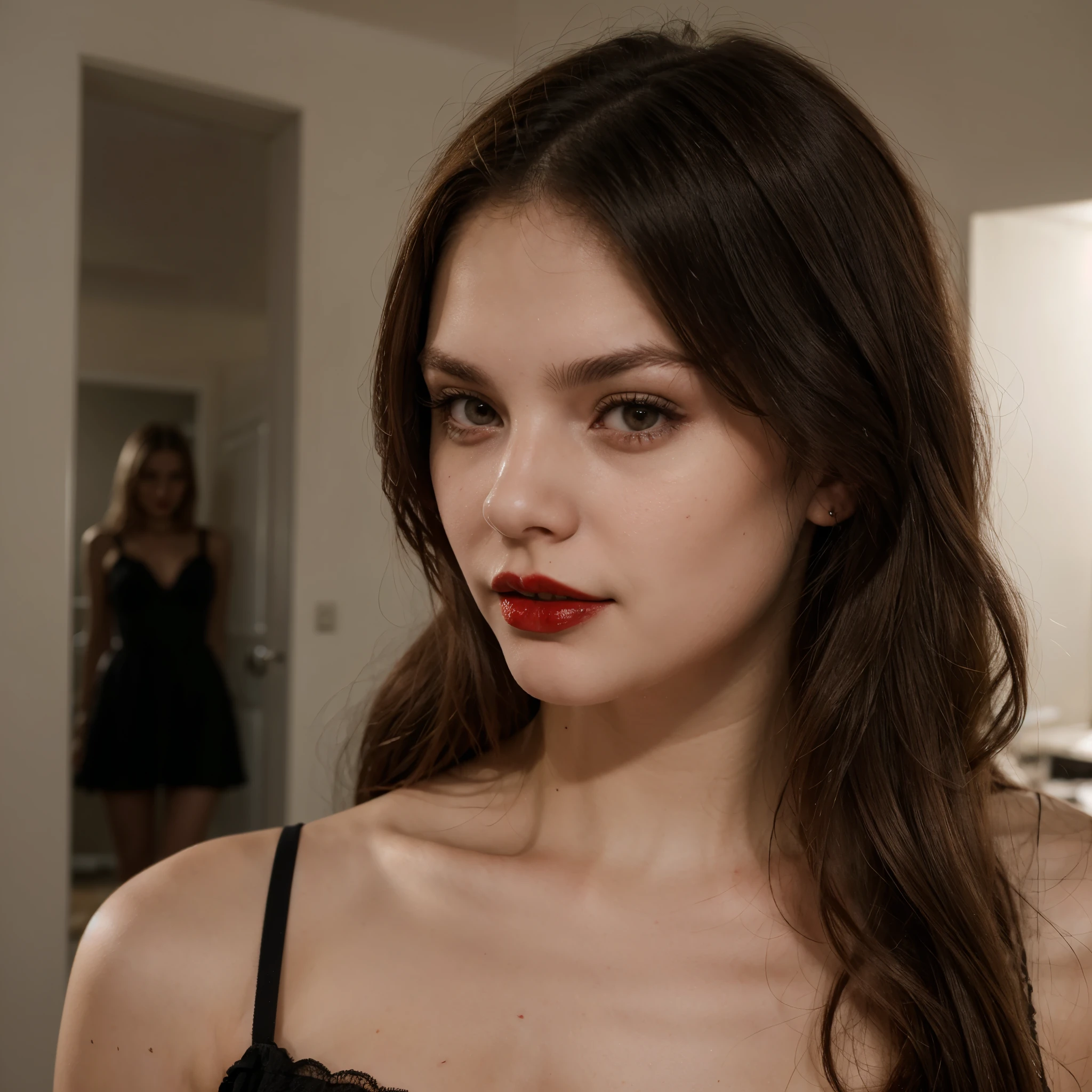 AstBrgs, a completely nude woman profile portraitwith long hair and red lips and makeup, grey background, epic character composition