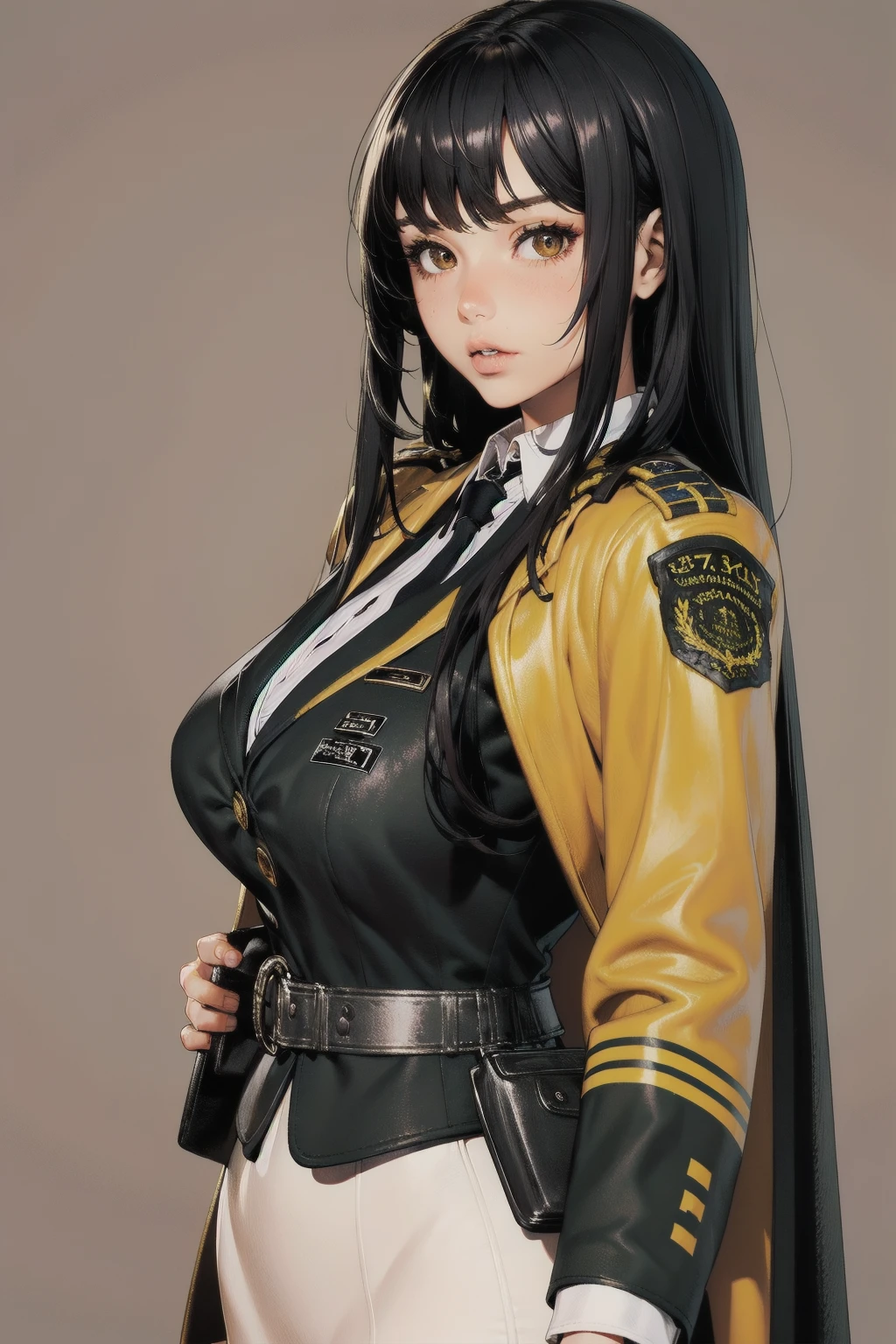 A with jet black straight hair, Dark Skin, Latin, Purple Iris, Wearing a black tactical uniform with gold lines,Wearing gold snake earrings, Delicate eyes, Delicate face, Large Breasts,Overall plump, Exquisite grunge fashion, Light, Realistic concept art with strong backLighting.