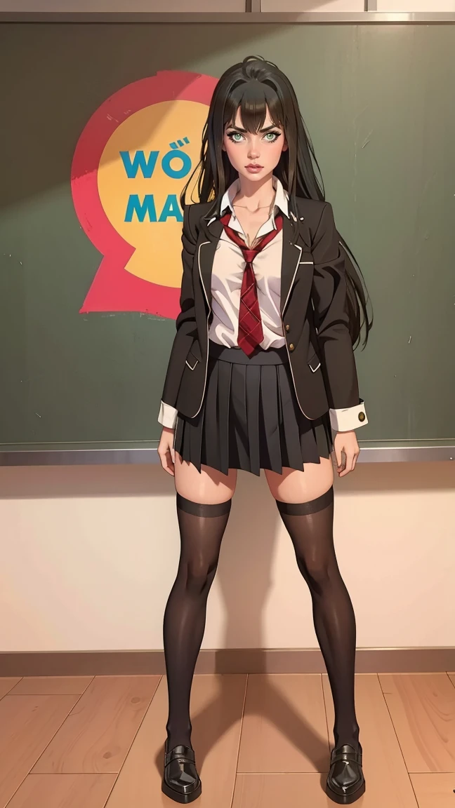 1girl, long navy hair, one red eye, one black eye, black academy uniform, classroom, standing on ground, high res, ultra sharp, 8K, masterpiece