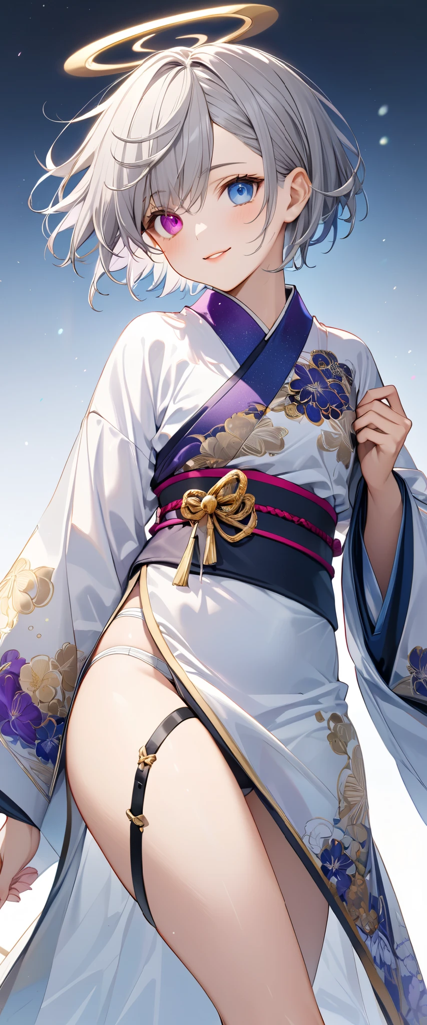 fresh illustration ,
Superfine painting,
very delicate illustration ,
Very fine details ,
1boy ,
( standing)
Alone,
Height: 158cm,
Beige Skin,
Cheeks are ruddy,
(The iris of the left eye is magenta and the iris of the right eye is light sky blue),
(Complete iris heterochromia ),
beautiful eyes,
large black pupils ,
Short short hair,
(Gray Hair),
only the base of the hair is light blue ,
The hair has gradation ,
shiny hair with makeup,
Young, beautiful, beautiful face ,
The lips are extremely small,
is smiling,
A small halo that shines brightly floats on the head ,
raised eyebrows ,
The upper body is wearing a kimono in kimono ,
six pack,
The lower body is long, transparent clothing in the style of a Chinese dress with slits at both hips,
The color of the belt is black ,
Overall white clothes ,
The belt has tasteful embroidery with gold thread ,
fine fabric clothing ,
Slim waist,
Thin legs,
jockstrap underwear ,
the thigh strap cuts into the skin ,
Are the tips of long boots Japanese style,
Isometric,
golden ratio,
god々 like atmosphere,
The undershirt is indigo-colored with a stand-up collar,
background is white,
tactical use of shadows ,
Head rings and hair fit in a frame ,
Clothes fit in a frame ,
facing the front,