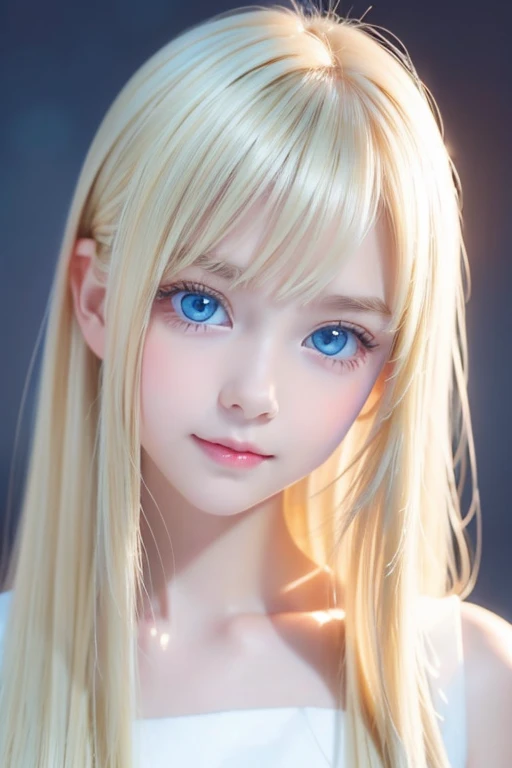 shiny skin、 Very cute and beautiful face、Very shiny and beautiful skin、Very beautiful and cute sexy pale blue eyes、beautiful very long shiny silky blonde hair、(10 years old)、one small very beautiful cute girl、Beautiful cute bright look、Clear double eyelids、((Very happy smile))