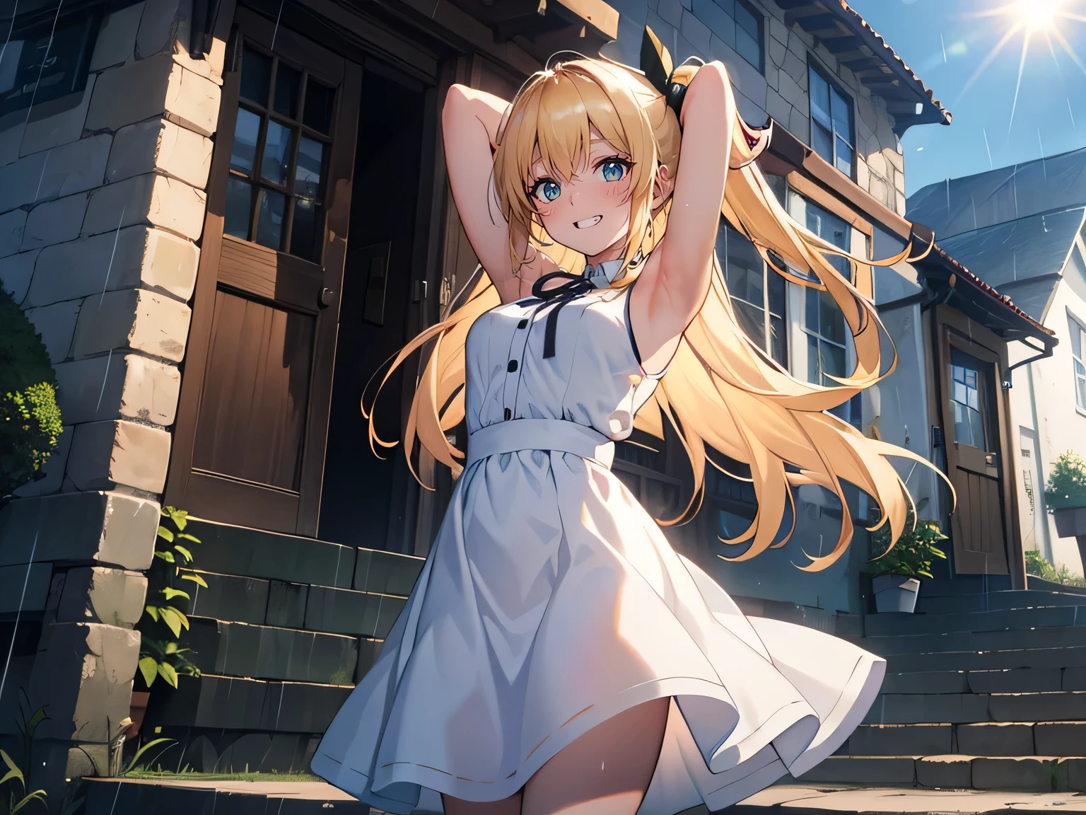   blonde　   ponytail　  green eyes　 white dress　  bright  　smile　rain　 the sun shines 　Townscape　Highlands　  spread her arms　 stretch your finger above your head　  1 girl,   high resolution,  blonde,   Very Long Hair , rainbow,   best quality  , hope,No ribbon　Steps　dance　 laughs　