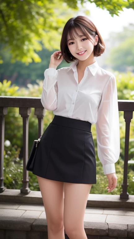 (Best Quality, masutepiece, Ultra HD: 1.3, High brightness, High color saturation), 1girl in, (middlebreasts), light brown hair, Asymmetrical hair, straight haired, Long hair, ( slender body shape, Constricted waist), (Ultra Fine Face), Delicate lips, (beautidful eyes), thin blush, eyes are brown, perfect glossy skin, View here, Smiling smile, ( hide one's hands), (Sitting on a bench), (thin and long legs, Thighs and toes:1.5), See-through white blouse, White tight skirt, (White pumps), (a japanese girl, hposing Gravure Idol), Broad-leaved forest, 135 mm, Fuji Film