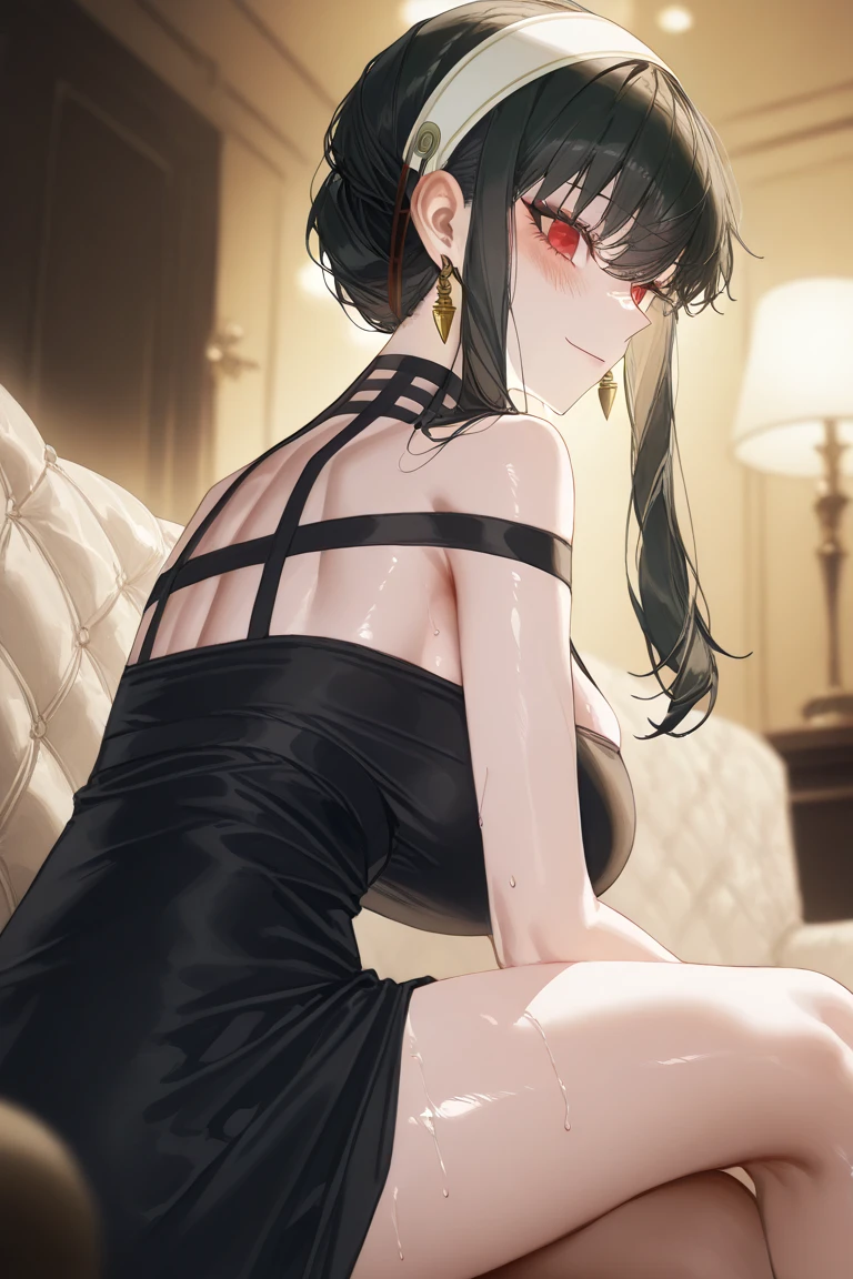 See-through sexy black and red underwear Soapland Shy and seductive look Sexy Body Clear Eyes Round eyes Sit on a plush chair office lady Japanese women Manga illustration Beautiful firm breasts Beautiful E Cup Breasts the body is slim Highest quality 4K Chignon Hairstyle Hair tied up Medium Long Hair Light brown black hair hair ornaments necklace Hotel with a night view Simple Background Seductive pose garter belt Black Stockings Earrings 派手なnecklace Fine details Beautiful anime illustrations Beautiful Face alone High resolution, One Girl, Highest quality, Attention to detail, Slightly parted lips Red seductive lips