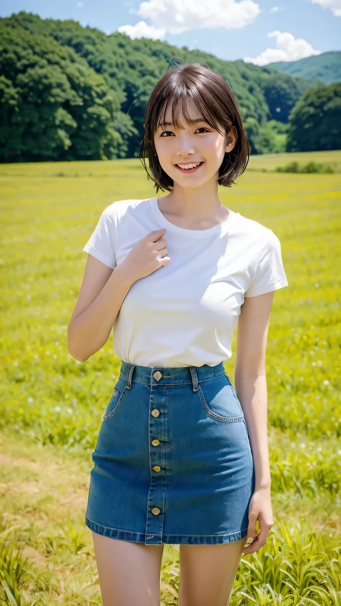 girl standing in rural field,cumulonimbus cloud in summer blue sky, ultramini skirt,18-year-old,bangs,a little smile,thighs,knees,wet short hair with bob, from beside,front light
