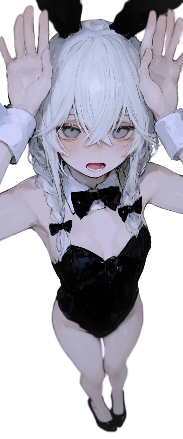 { masterpiece : best quality : high resolution : unity 8k wallpaper : illustration } { Background = inside dark bedroom : } {Tomoyo Sakagami : white hair with black hairband : bunny outfit : bunny ears ) : perfect slender body : armpits : standing : perverted creepy smile : grin : hand behind head : sweating : possessed by perverted man}