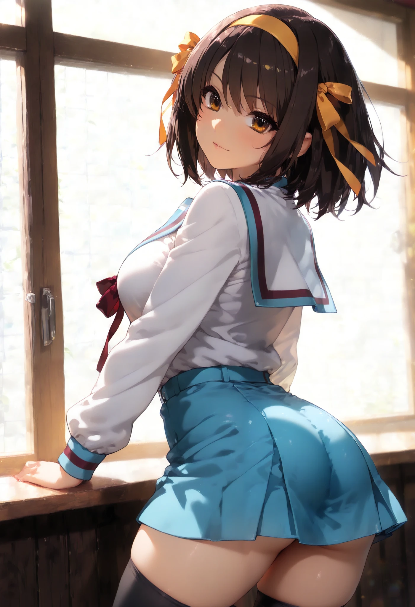(Masterpiece, best quality , more details, 8k, 4K, hi res, ridiculous :1.3), ( Detailed Textured Lighting , detail surface lighting for viewers ), [ pastel color ] [ Calm Colors ] [ Anime Screen Cap ] [ photorealistic] A 3D character model is displayed in front of a grid-like background, sci-fi , Haruhi Suzumiya, short hair, yellow ribbon, North High uniform, light blue and white sailor outfit, short pleated blue skirt, black thigh high socks,