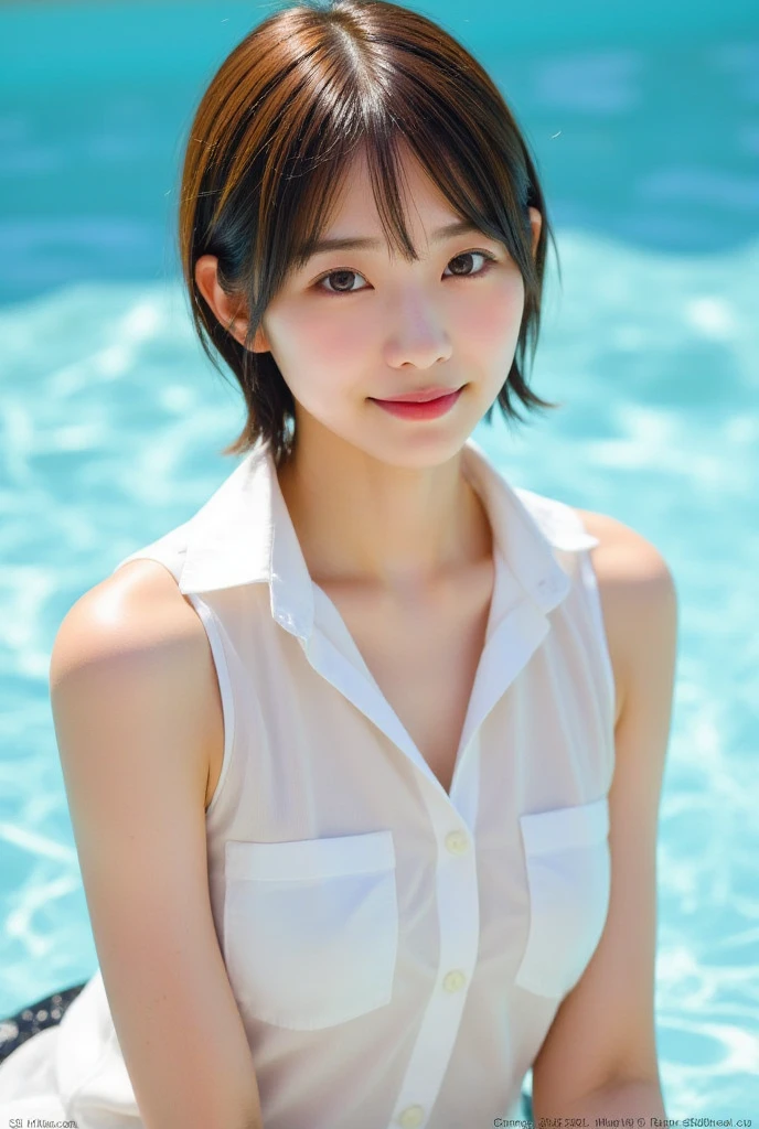 (Hyper Reality: 1.35), (Realistic: 1.4), A beautiful Japanese woman, smile, alone. light makeup, masterpiece, 最high quality, high quality, alone, Very good, Latin, puberty, Only one girl, ((Perfect body)),((最high quality)),((Hello)),((Very delicate and beautiful)),((Very shallow depth of field)), Hmph,((Incredibly shallow depth of field)). family friendly, ((Very delicate and beautiful)), (((Very shallow depth of field))), Hmph, (((Unbelievably absurd))), (((Perfect body))), dark brown hair, blowing boyish bob hair, shag messy hair, wolf cut, big hair, windで揺れる髪, Slim body type, ((( Camera Eye)))), (((small ))), (((A happy and wonderful smile))), poor, my + background, Dynamic Angle, Focus on women, {Particles of light}, Detailed background, Soft lighting, (dramatic), sunset, very beautiful sunset, Live Action, Realistic, cute smile, (blurred background), 13 years old,, ((wind)), ((Movement)), ((emotion)), ((colorful)), ((Baby Face)), ((Beautiful Teeth)), Wither, sea background, No makeup, high neck, Sleeveless, fishnet body suit, turtleneck, underboob, nsfw:1.6, BDSM:1.6, Very fair skin,