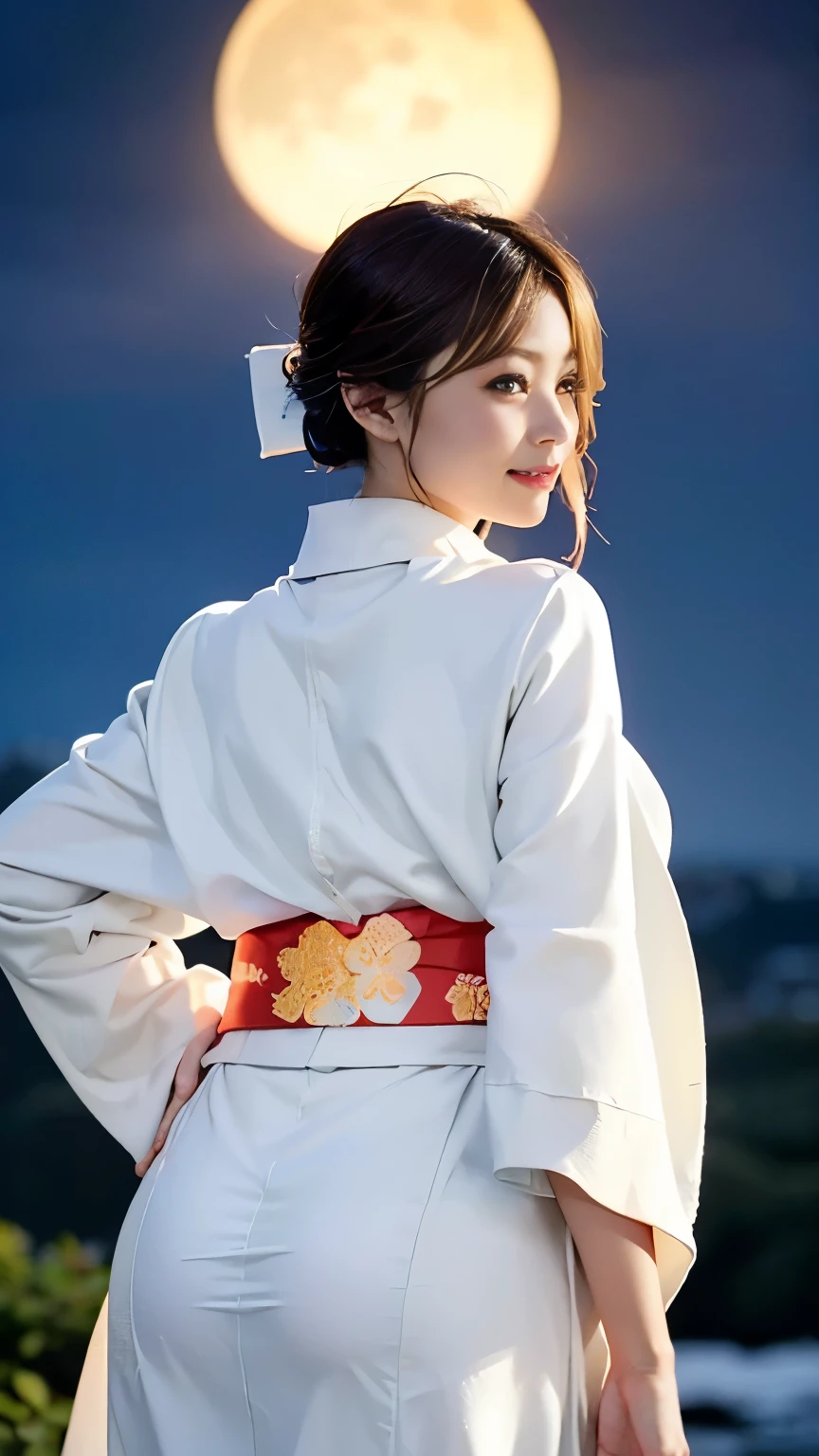 Asuna, masterpiece, highest quality, be familiar with, (1 girl), alone, be familiar with golden eyes, short bob hair, Are standing, close to the viewer, (be familiar with kimono), light smile, medium breasts,  (turn your arms behind your back), water, sunset, (hair ornaments), (cherry blossoms bloom),  Snowy mountain lake in background