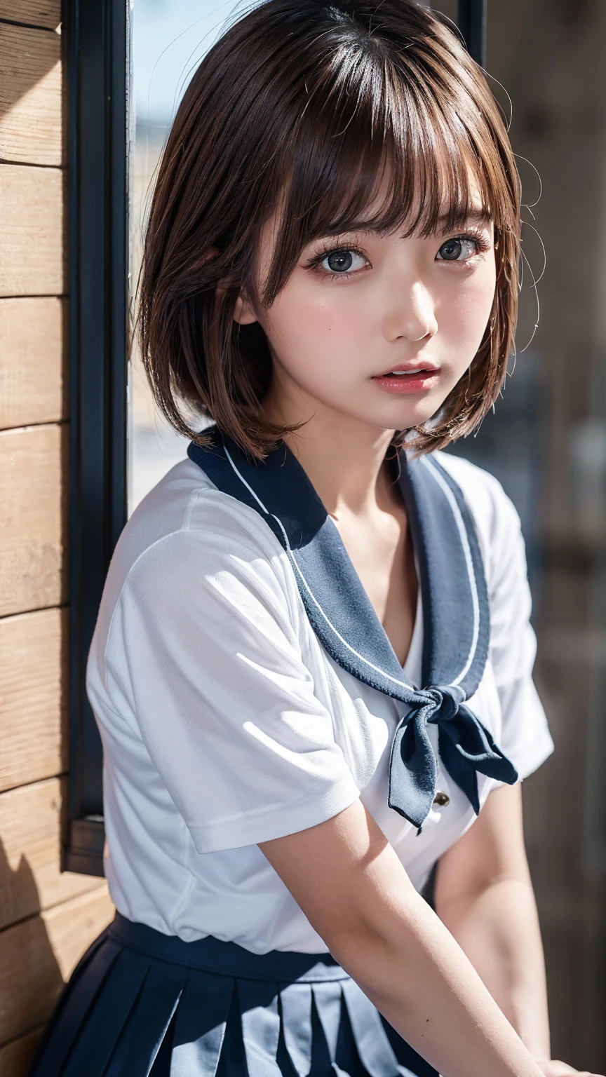 (Sillamäe:1.5), slender, masterpiece, top quality, raw photo, photorealistic, face, incredibly absurd, beautiful girl, cute,short messy hair, depth of field, high resolution, ultra detail, fine detail, highly detailed, highly detailed eyes and face, sharp pupils, realistic pupils, sharp focus, cinematic lighting,schoolgirl uniform, sitting legs bending at the knees, white panties are visible through the skirt, no bra, loose and large shirt, shoulders are visible, nipple bumps, 10-year-old girl, shirt is wet, shirt is fluttering and sexy collarbone is visible, from above, nothing is worn under the shirt, small bust,
