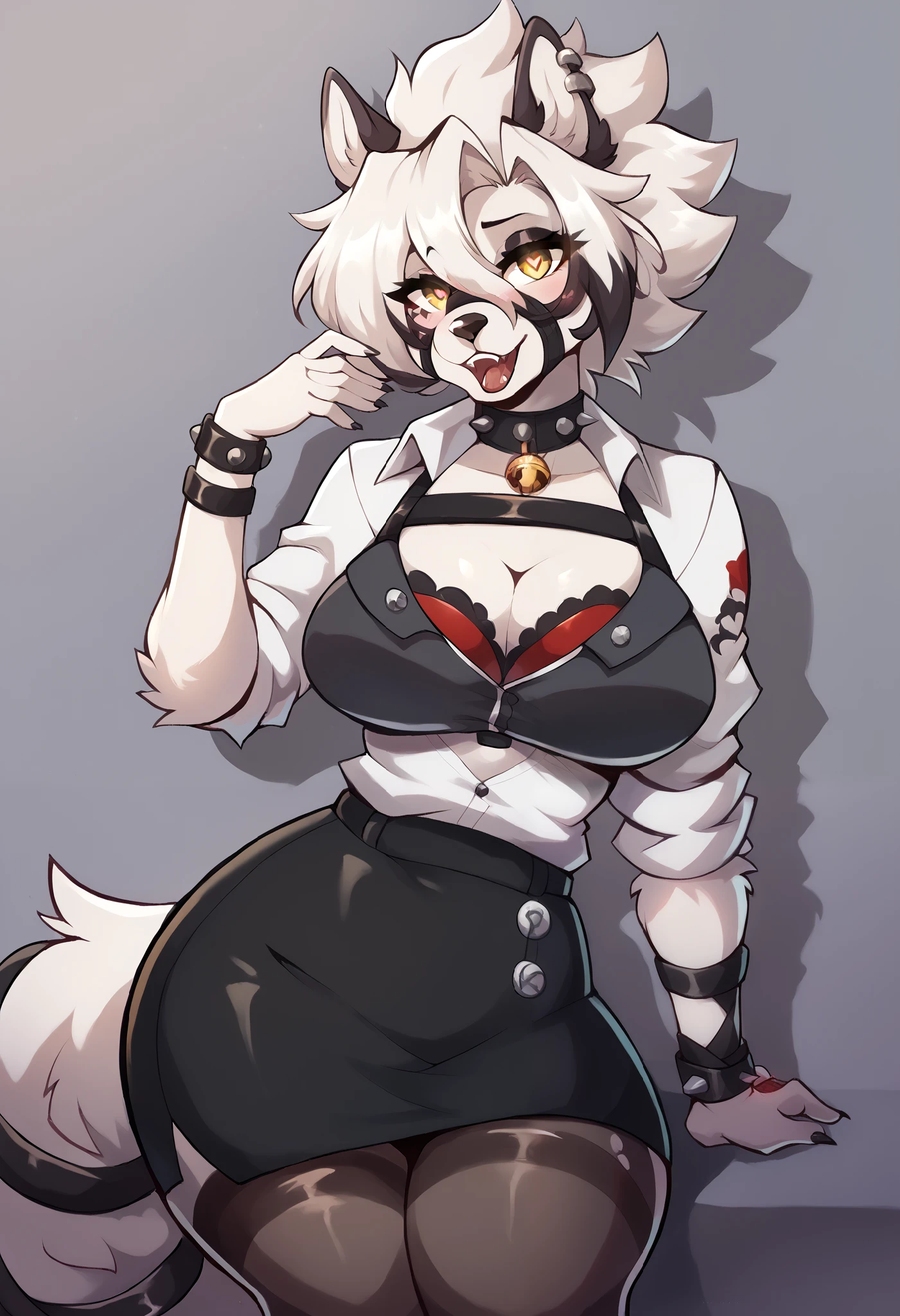 (anthro)) Von Lycaon, (Zenless Zone Zero), Best Quality, masterpiece,, Illustration, Wallpaper,1girl in, Solo, white fur, white hair, dot piercings 3 in 2 row down her snoot, multipule golden ear piercings , golden yellow eyes, glowing eyes, Beautiful detailed girl, extremely detailed eye and face, black dragon tattoo on her arm, tattoos, Beautiful detailed eyes, natural_Lighting, Looking at Viewer, Thick_thighs, big ass, tall, hourglass figure, female, cute, (heart-shaped pupils), sexy, seductive, ,((She is showing her sensuality) ( black spiky collar.) , digital drawing and red, dimly lit bedroom, dark, in the background.) (clothes colors: red, ) (goth skirt, finest leggings, dog muzzle, bra, clothes, harness) large breasts, natural breasts, tail, tall, happy expresion, wide hips thin waist, 8k