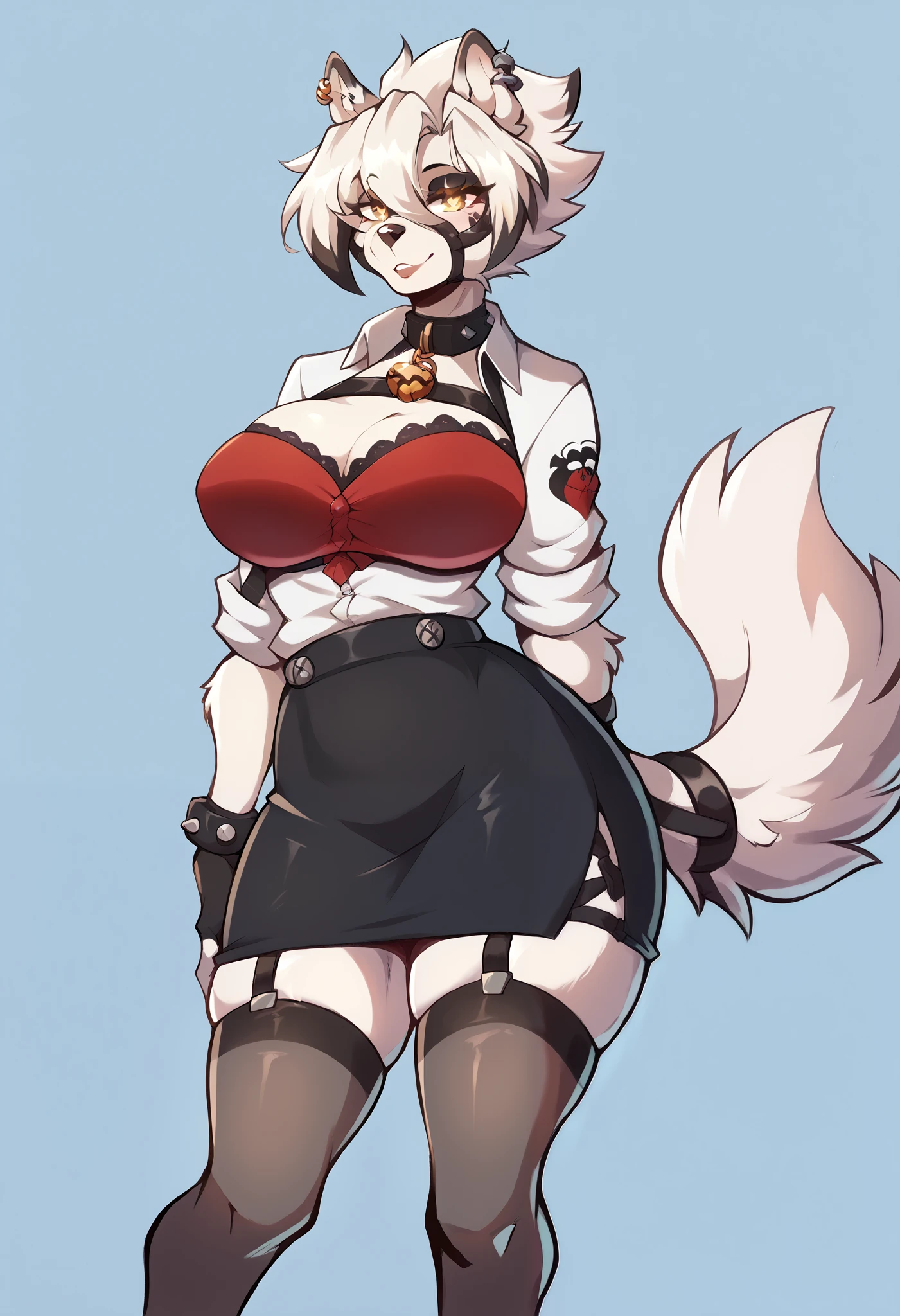 (anthro)) Von Lycaon, (Zenless Zone Zero), Best Quality, masterpiece,, Illustration, Wallpaper,1girl in, Solo, white fur, white hair, dot piercings 3 in 2 row down her snoot, multipule golden ear piercings , golden yellow eyes, glowing eyes, Beautiful detailed girl, extremely detailed eye and face, black dragon tattoo on her arm, tattoos, Beautiful detailed eyes, natural_Lighting, Looking at Viewer, Thick_thighs, big ass, tall, hourglass figure, female, cute, (heart-shaped pupils), sexy, seductive, ,((She is showing her sensuality) ( black spiky collar.) , digital drawing and red, dimly lit bedroom, dark, in the background.) (clothes colors: red, ) (goth skirt, finest leggings, dog muzzle, bra, clothes, harness) large breasts, natural breasts, tail, tall, happy expresion, wide hips thin waist, 8k