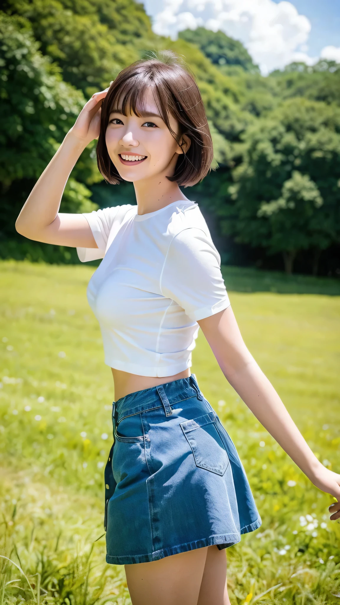 A MILF,A little ugly face,Beautie, Seductive smile、naughty expression、Heavy breathing,Full body shot, masutepiece, Best Quality, (Photorealistic:1.4), a photography of a beautiful woman, 3 point perspective, Smiling, red lipsticks、White powder on the face, Perfect face, Detailed face,underboob_The shirt,(Lora:crop shirt + underboob:1.0),Sheer Short Sleeve T-Shirt_Navel Denim Shorts:1.0.(standing nipple:0.8)、(a pixie cut_boyish),Outdoor photography_On the streets of the city、Daytime,Crop Shirt Underboob
Crop top,underboob