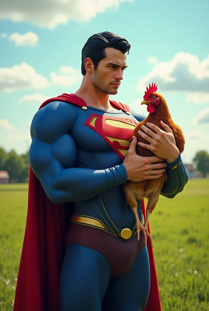 Superman, holding a chicken.

