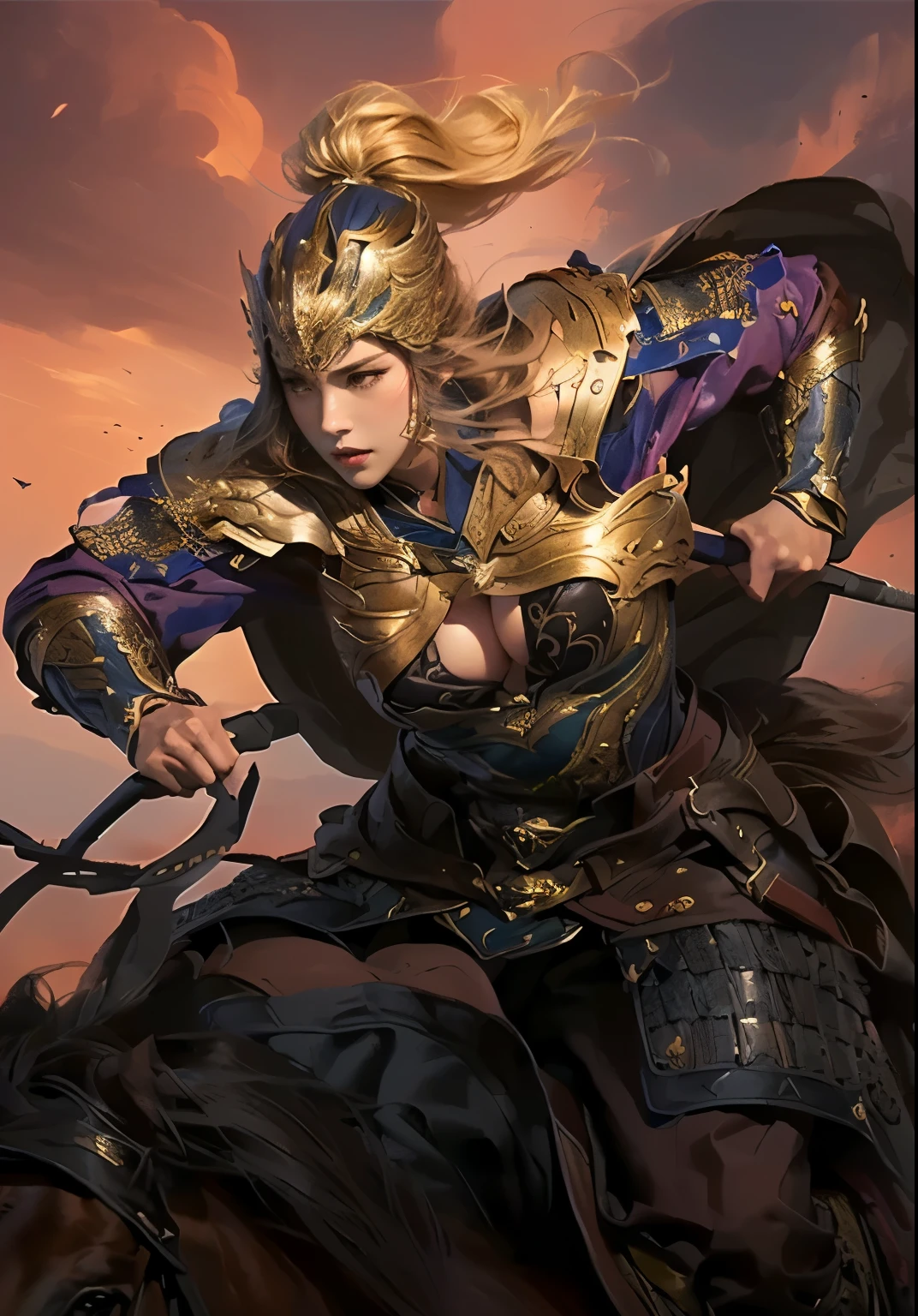 A woman warrior riding a horse, beautiful flowing cape in the wind, exquisite Chinese armor, slender figure, large breasts, visible cleavage, beautiful face, perfect face, perfect hands, 8k, hyper-realistic, masterpiece, cinematic lighting, chiaroscuro, muted color palette, dramatic, fantasy illustration