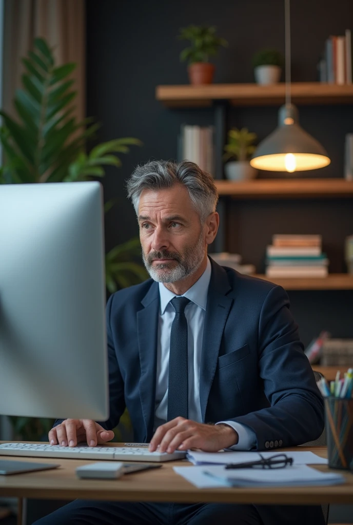 Man at the desk, with pc and accessories, in a professional studio, with a clearly visible face