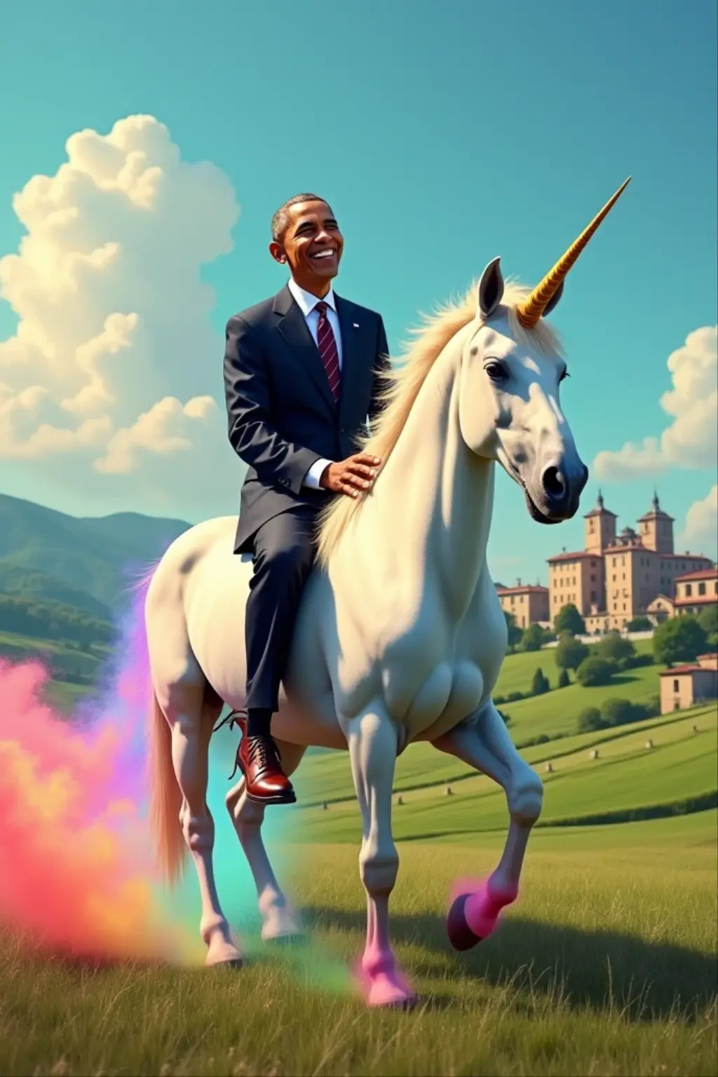 Hitler riding a unicorn with a dog dressed as Donald Trump