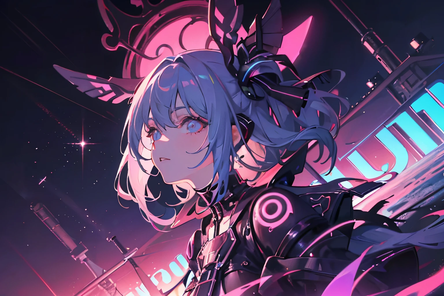 Anime girl with long hair and blue eyes standing in front of a neon ...