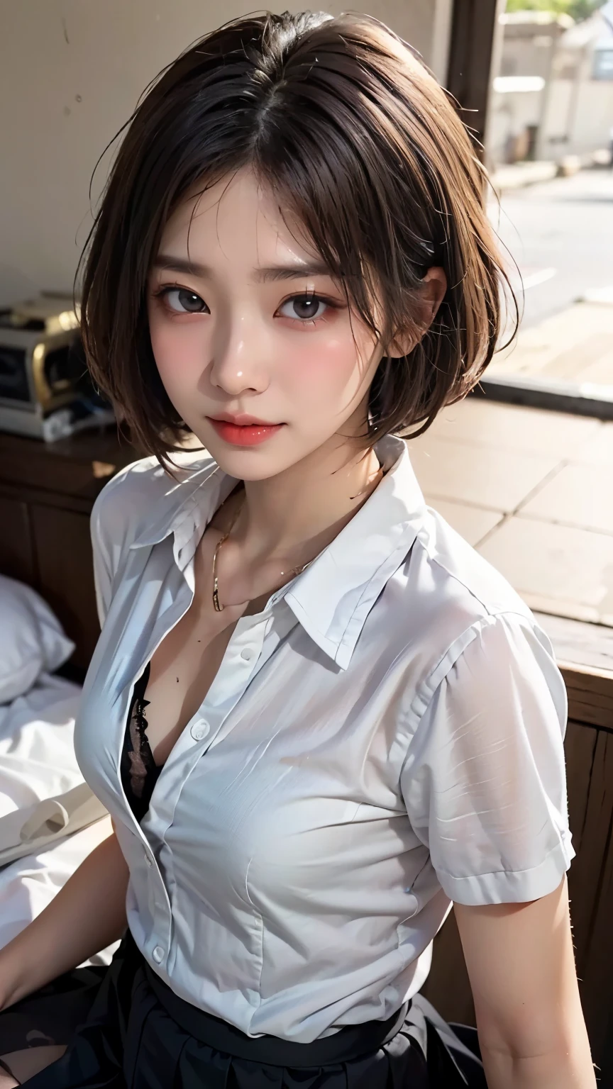 masterpiece, top quality, raw photo, photorealistic, big, face light, shiny skin, high resolution, super detail, detail eyes and face, shiny skin, short hair with black hair, earrings, white bra, wearing white shirt, lifting shirt with both hands, bedroom, shirt lift