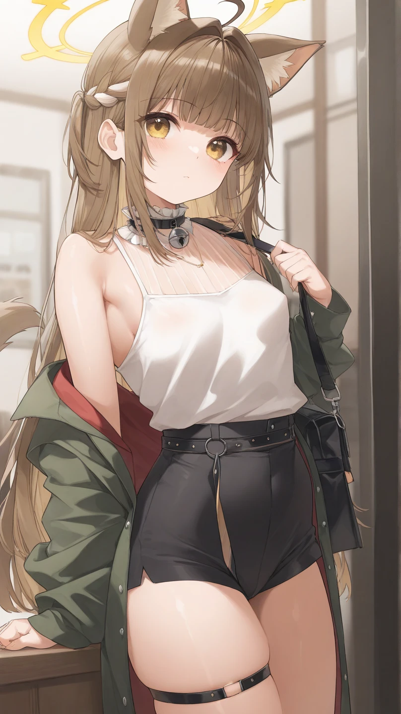 highest quality, extremely detailed, muste piece, 
(one girl:1.4), (small curvaceous loli(10 talents):1.3), [belly fat:1.4], [muscular:1.4], (smirk1.1), (show teeth), 
(brown pantyhose(pantyhose up to navel):1.6), (Deep-rise folded denim shorts:1.3), (new beautiful shorts:1.3), 
(high neck innerwear(tight):1.6), (high neck innerwear(expose one&#39;s stomach:1.5)), (high neck innerwear(パンストand離れた:1.6)), 
(short sleeve jacketを着る:1.3), (short sleeve jacket(roll up sleeves):1.4), (mid blue long hair:1.5), (red eyes(Twinkling Eyes):1.3), 
(Slender stomach:1.4), cute legs, (puffy nipple:1.4), (small tits:1.4), 
(Long brown gloves that reach above the elbow:1.5)and(thimble rider gloves:1.2), (Simple belt-shaped black choker:1.3), (blue beret), Serra, 
