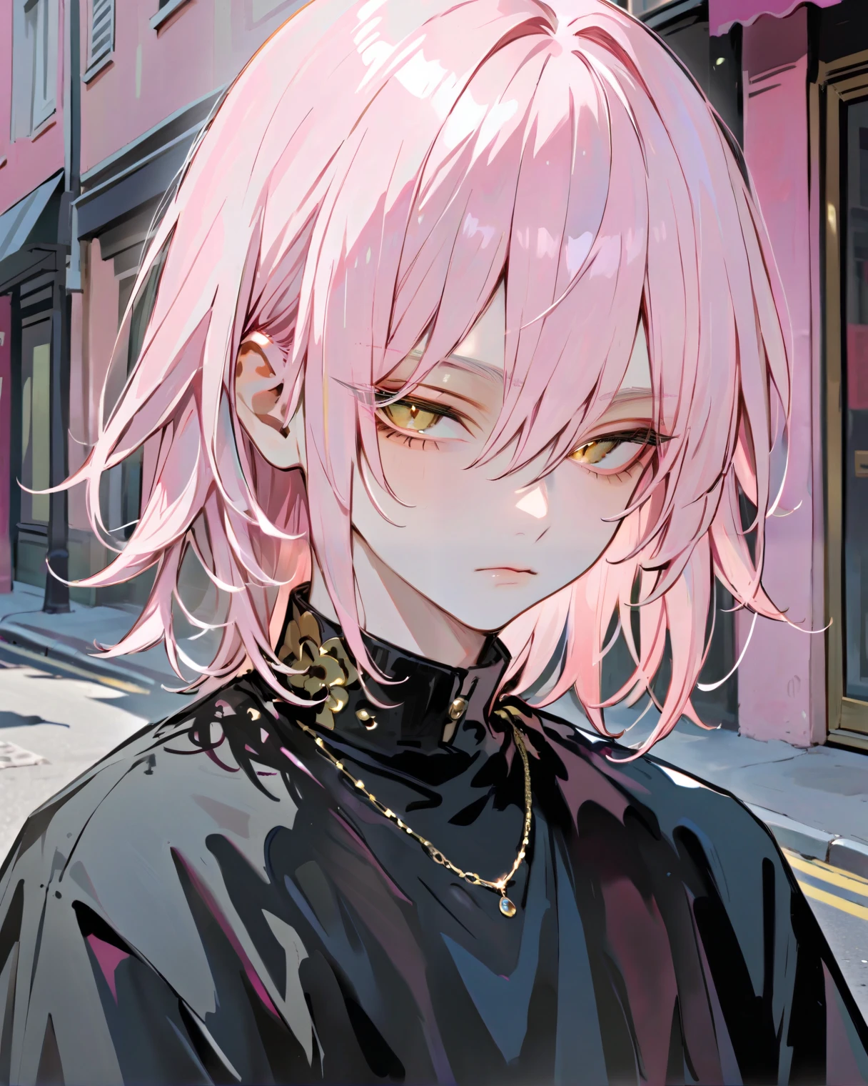 beautiful boy, solo, cute, broad shoulders, shoulder length hair, pastel salmon pink hair, curtained hair, golden eyes, (half closed eyes:1.1), details in eyes and face, expressionless, upper body, ((Street Fashion)), ((Black clothes)), High quality, 8k