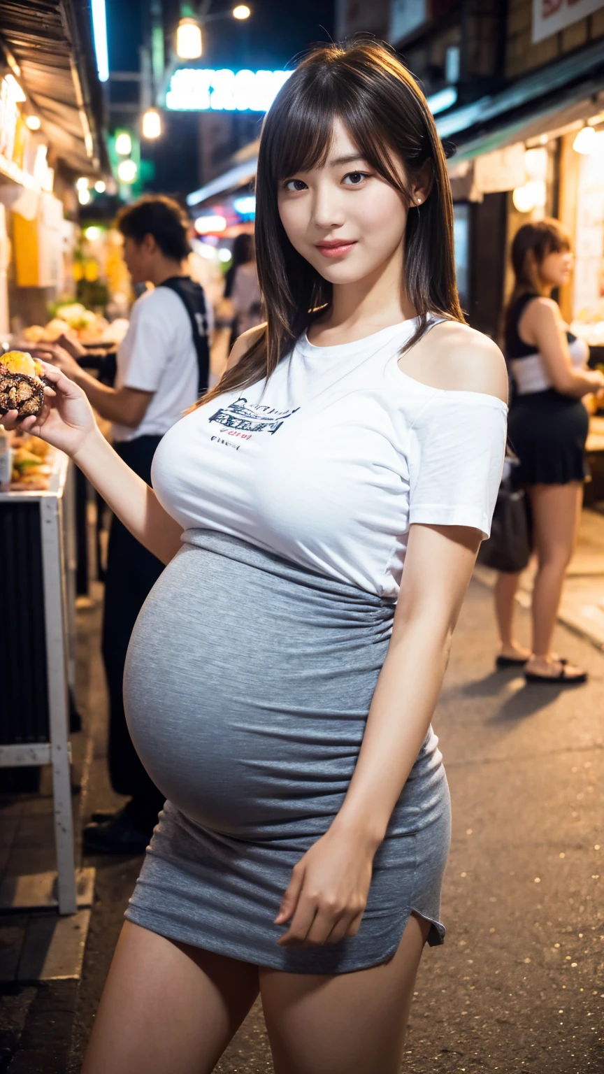 best quality, portrait of 20 years old woman, beautiful asian face, black hair, pudgy cheeks, (chubby:0.9), (huge pregnant), curvy thighs, short sleeve blouses button, pleated mini skirt, cleavage, white pale skin, red lips, bust photo, raw photo 8k, wallpaper official art, seductive smile, closed mouth, ponytail french braid, (full body:0.9), diamond necklace, semi rimless glasses, standing, outdoor shot, lens flare, building, shot from front